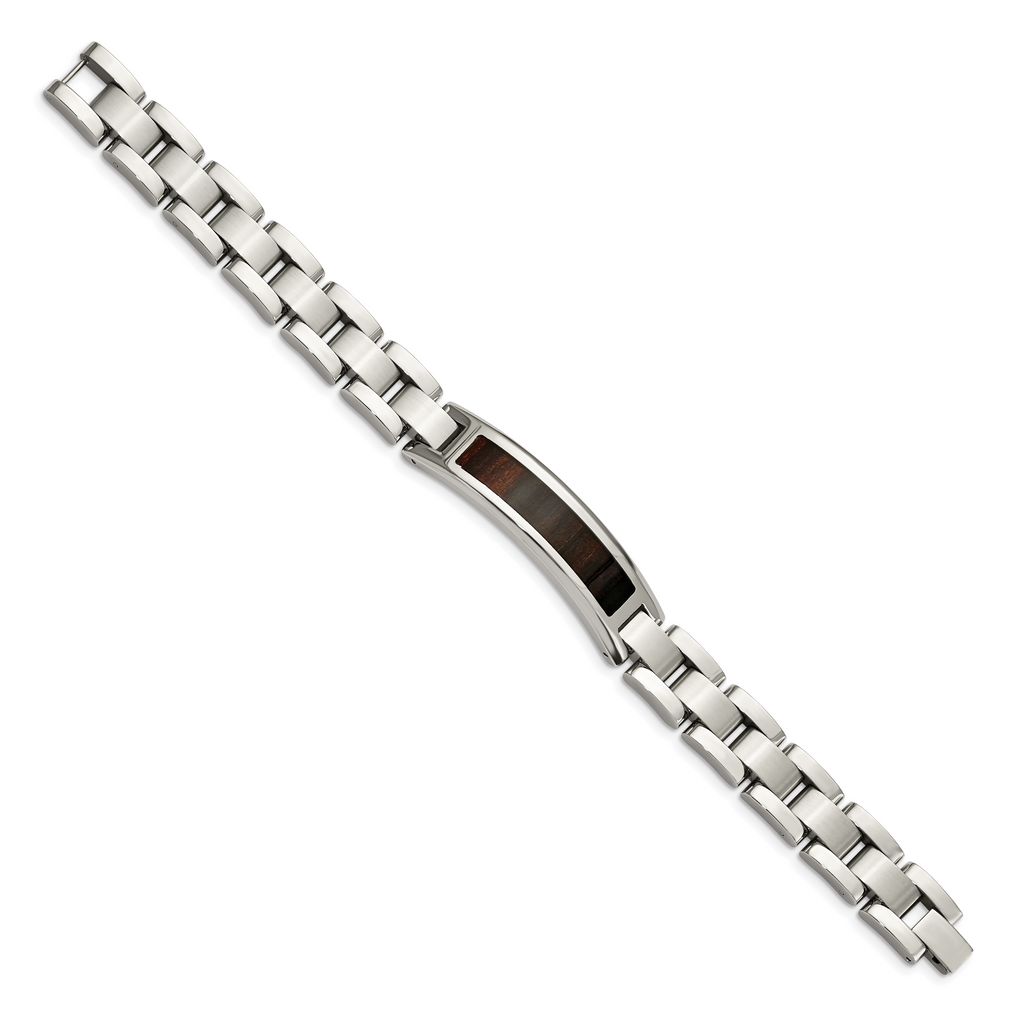 Koa Wood Inlay Link ID Bracelet in Stainless Steel