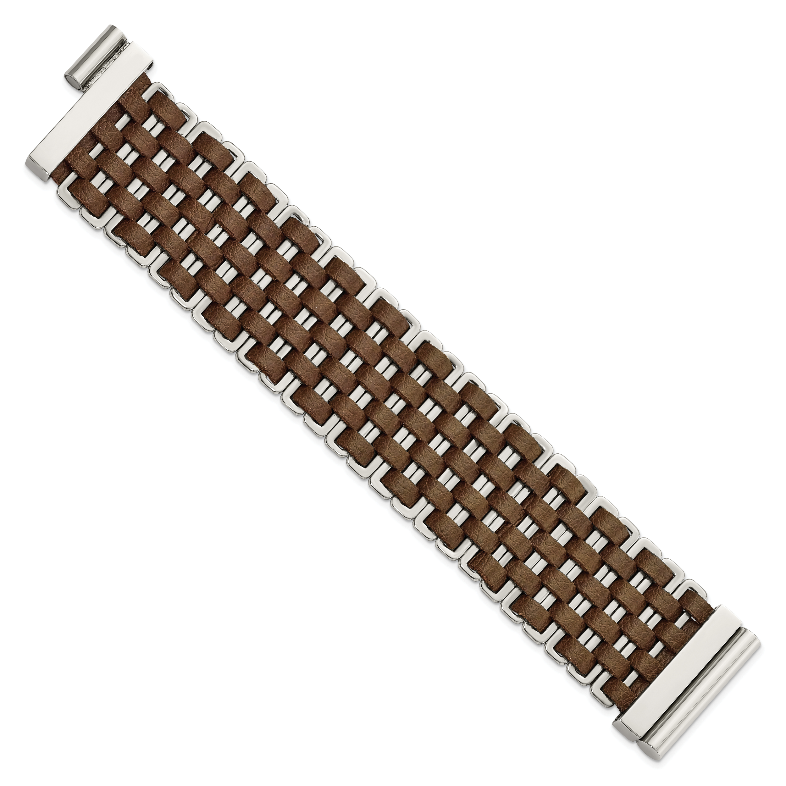 Stainless Steel Polished Woven Brown Leather Bracelet Secondary image