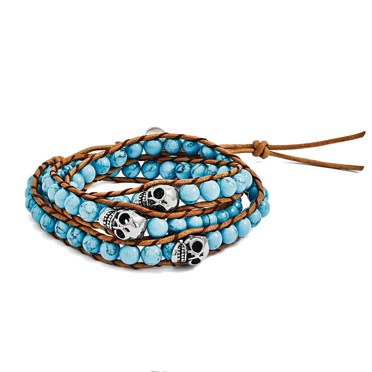 Stain. Steel Polished Cord Imitation Turquoise/Skulls Wrap Bracelet