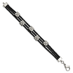 Polished Black Leather Bracelet in Stainless Steel