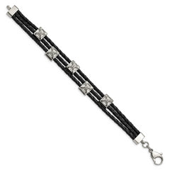 Stainless Steel Polished Black Leather 8.5in Bracelet