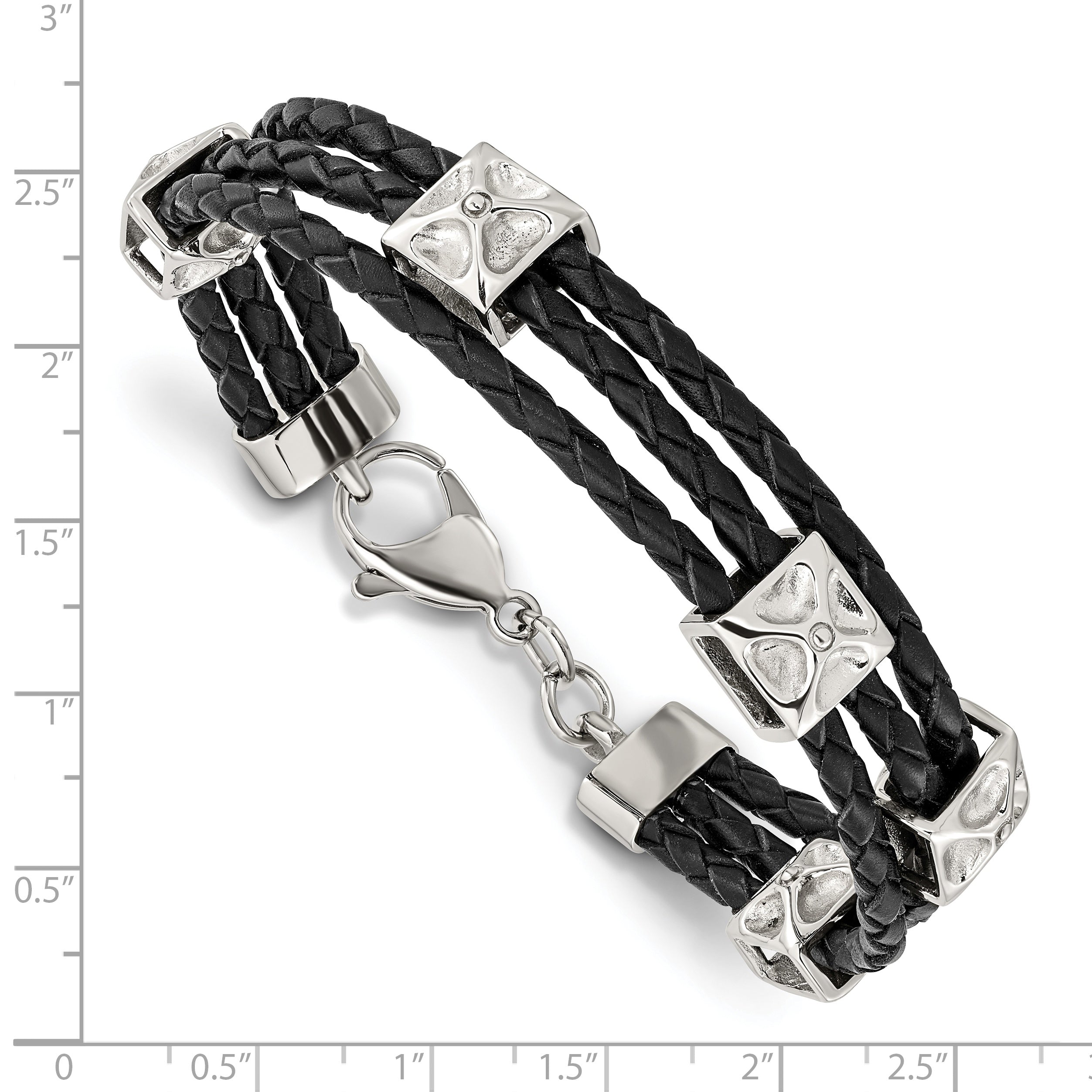 Stainless Steel Polished Black Leather 8.5in Bracelet