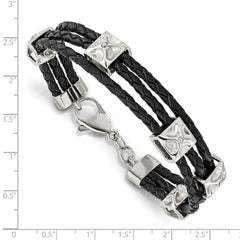 Stainless Steel Polished Black Leather 8.5in Bracelet