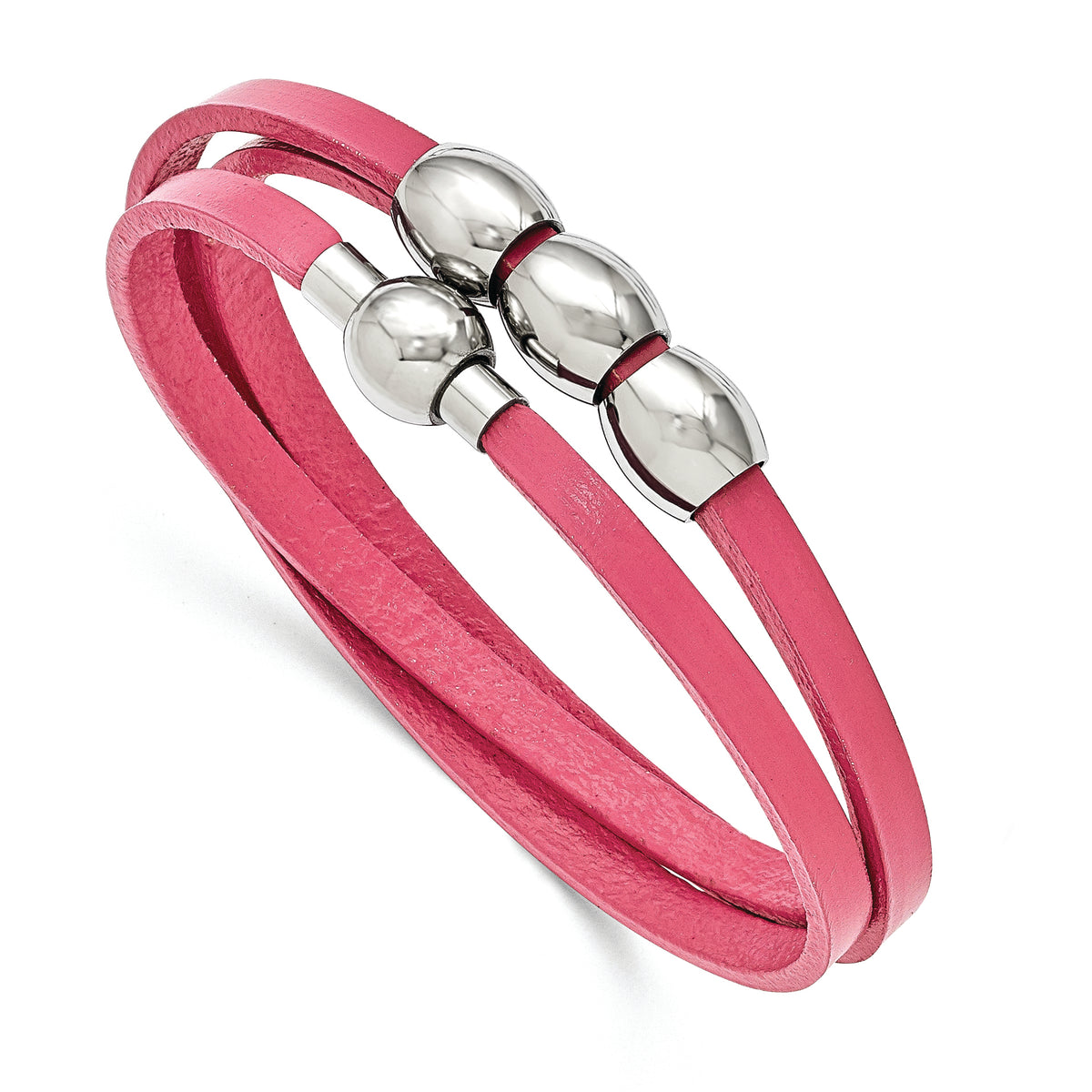 Stainless Steel Polished Pink Leather Wrap Bracelet