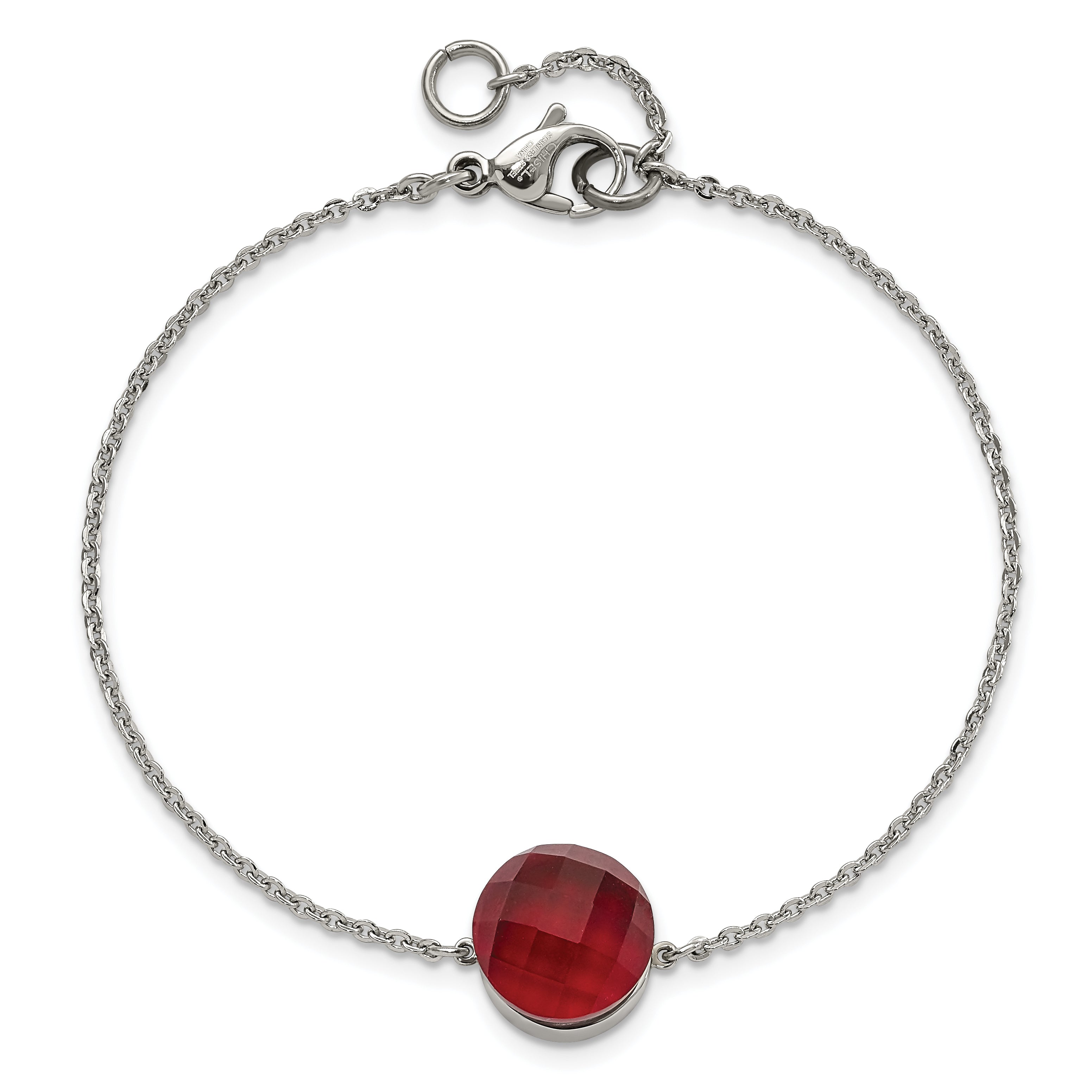 Stainless Steel Polished Red Glass w/1in ext Bracelet