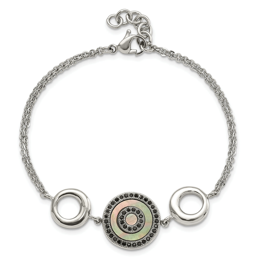Stainless Steel Polished Black MOP & Crystal w/.5in ext Bracelet
