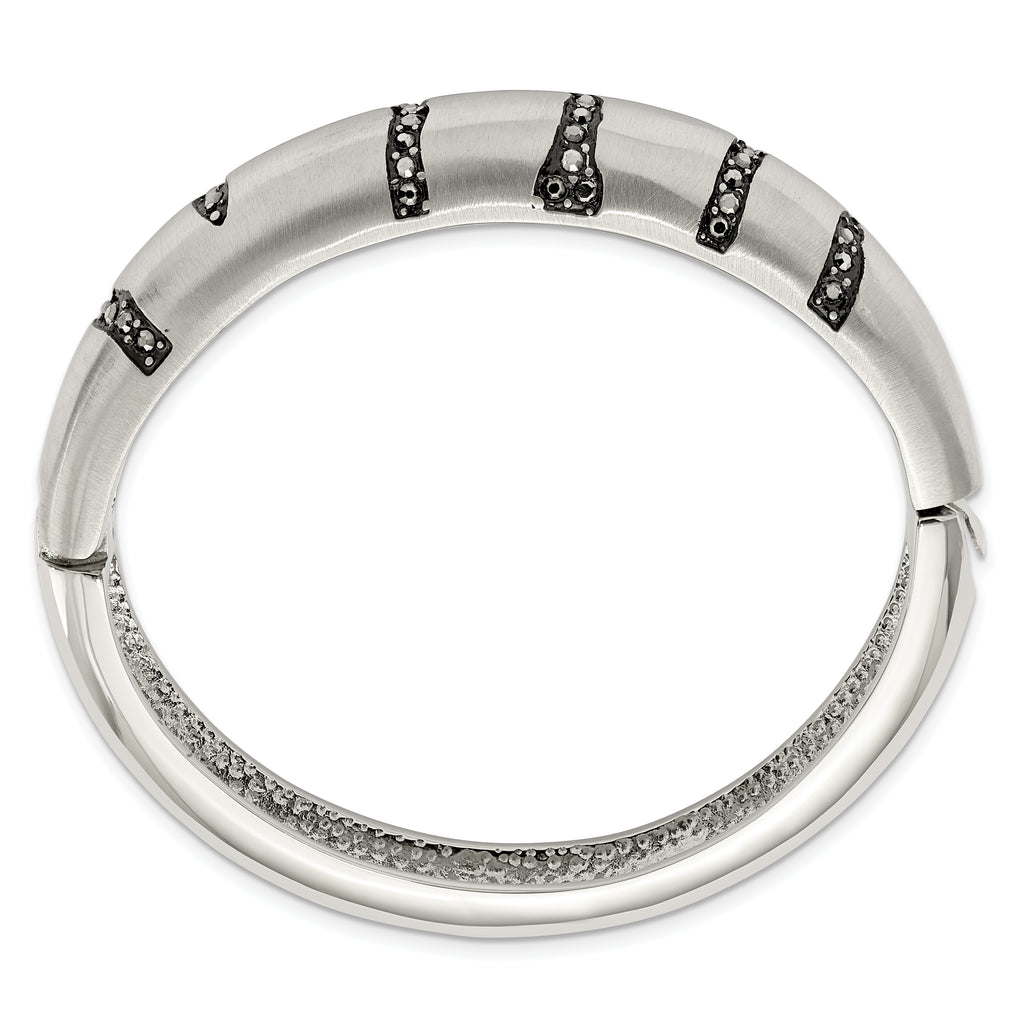 Black Crystal Hinged Bangle in Brushed Stainless Steel