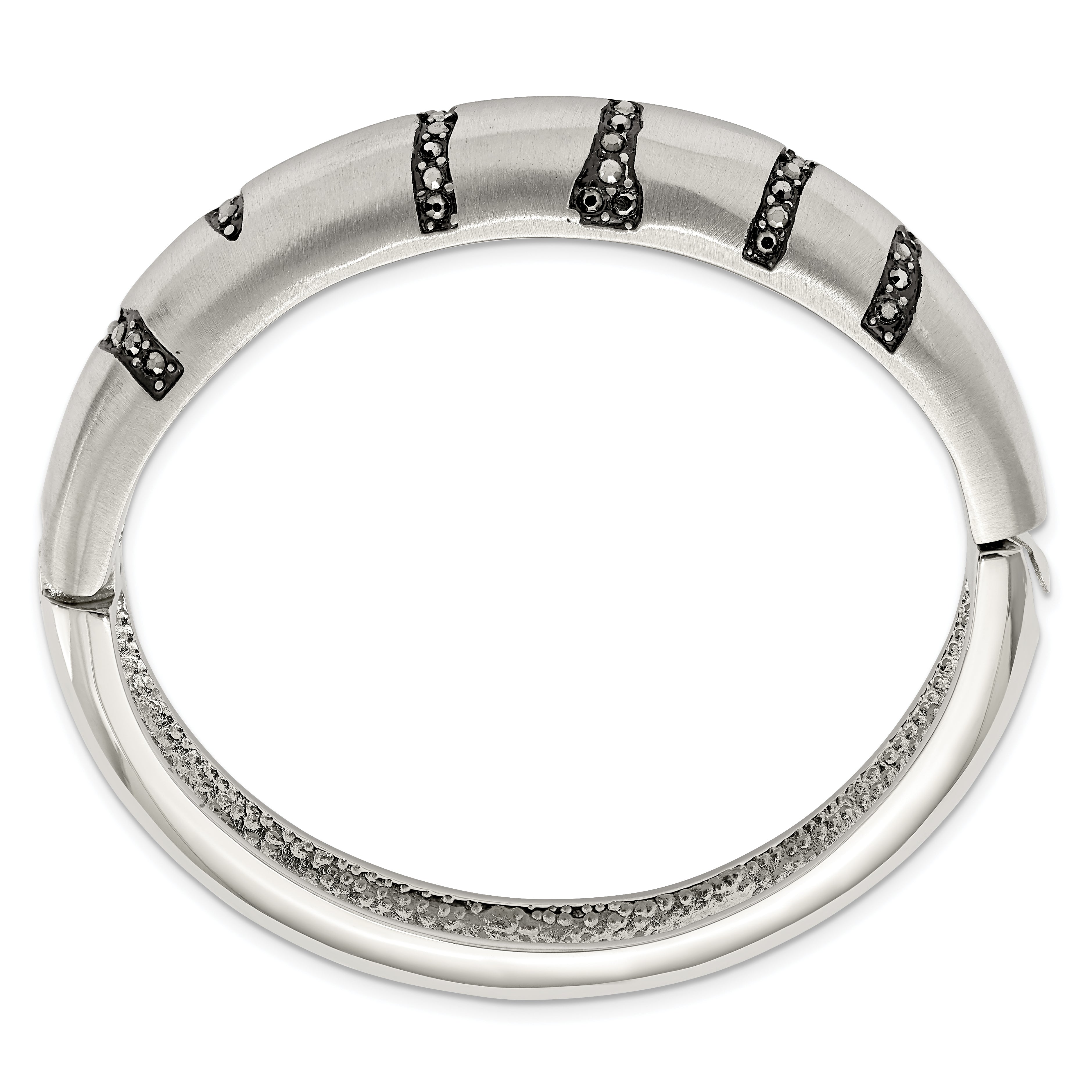 Black Crystal Hinged Bangle in Brushed Stainless Steel