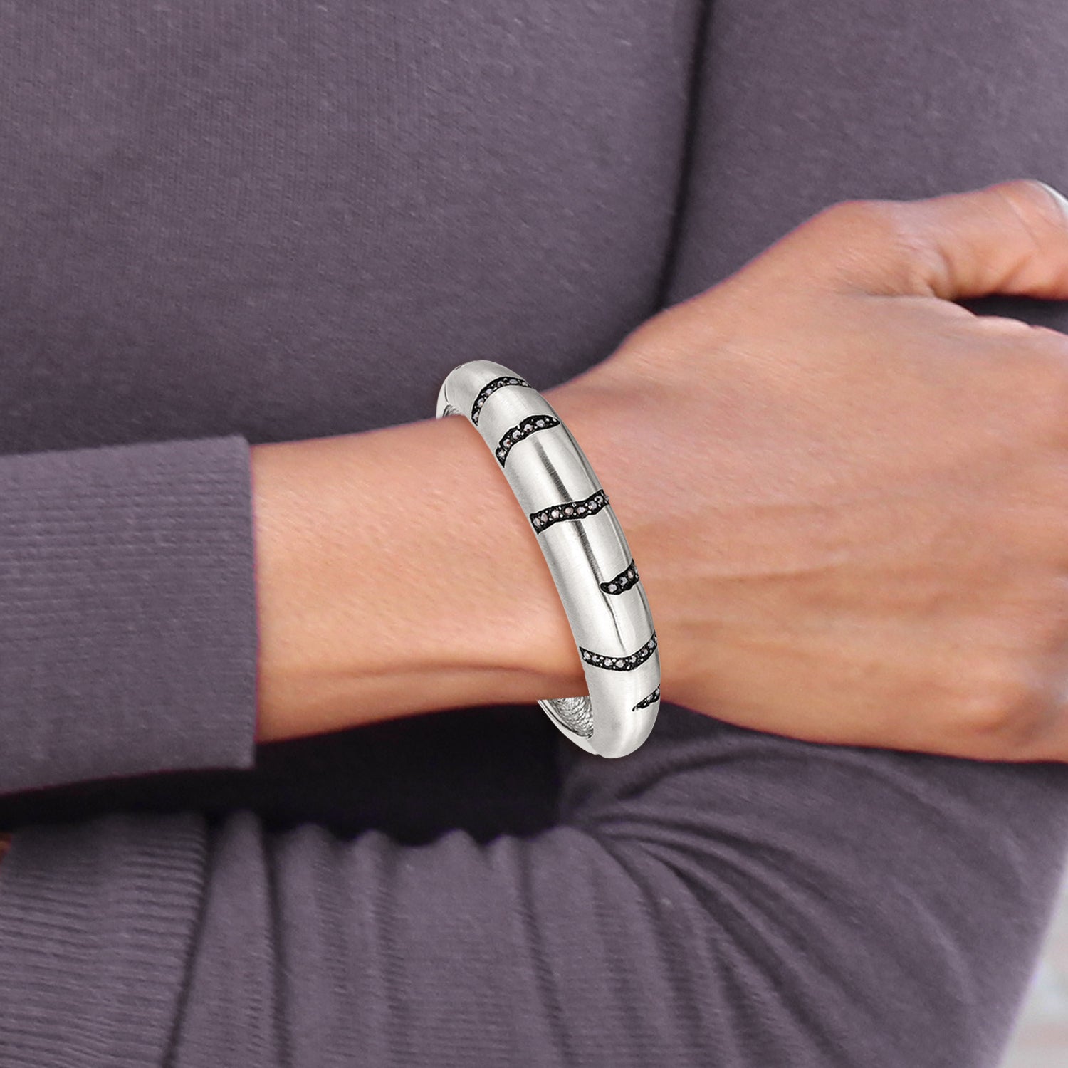 Black Crystal Hinged Bangle in Brushed Stainless Steel