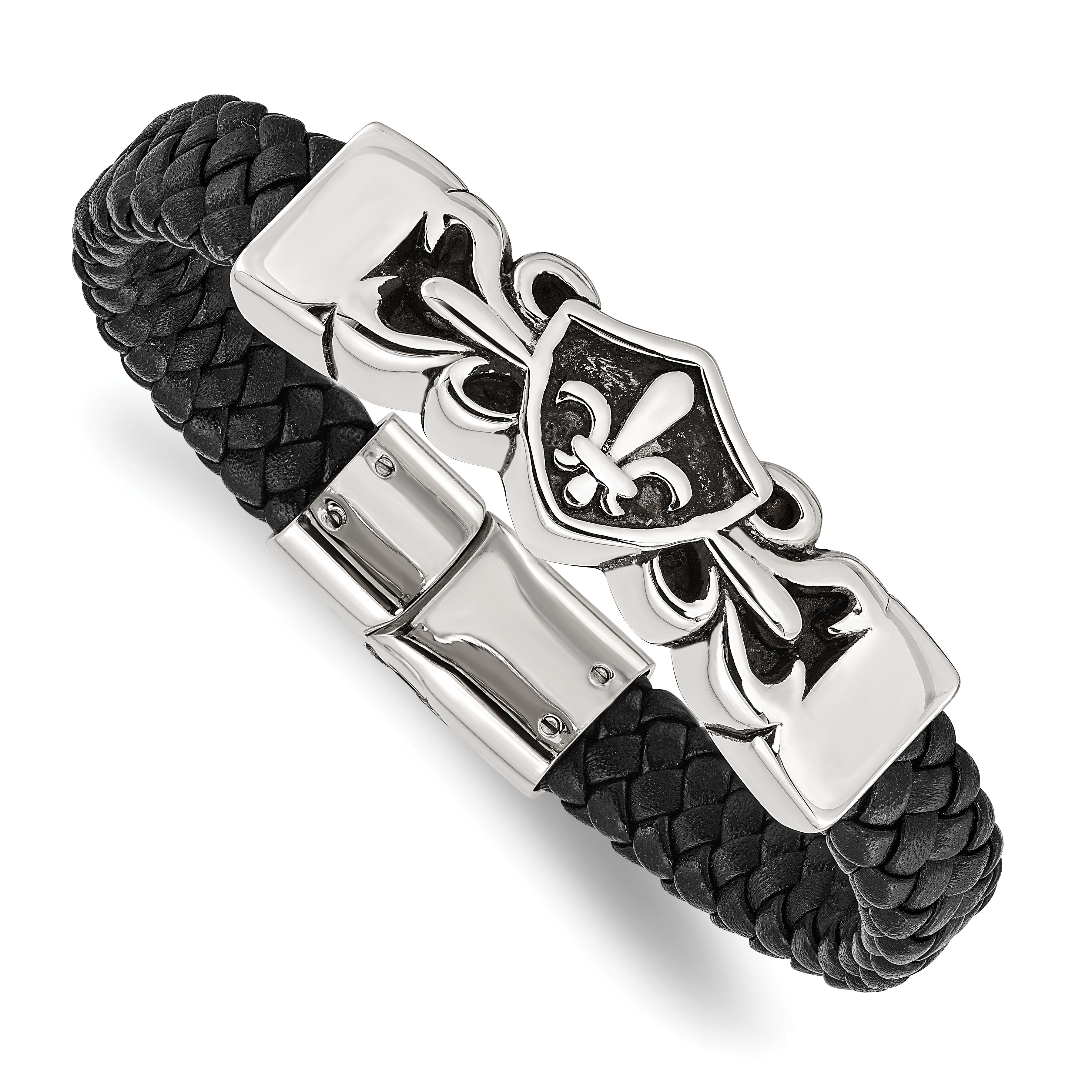 Chisel Stainless Steel Antiqued and Polished Fleur de Lis Black Braided Leather 8.25 inch Bracelet Main image