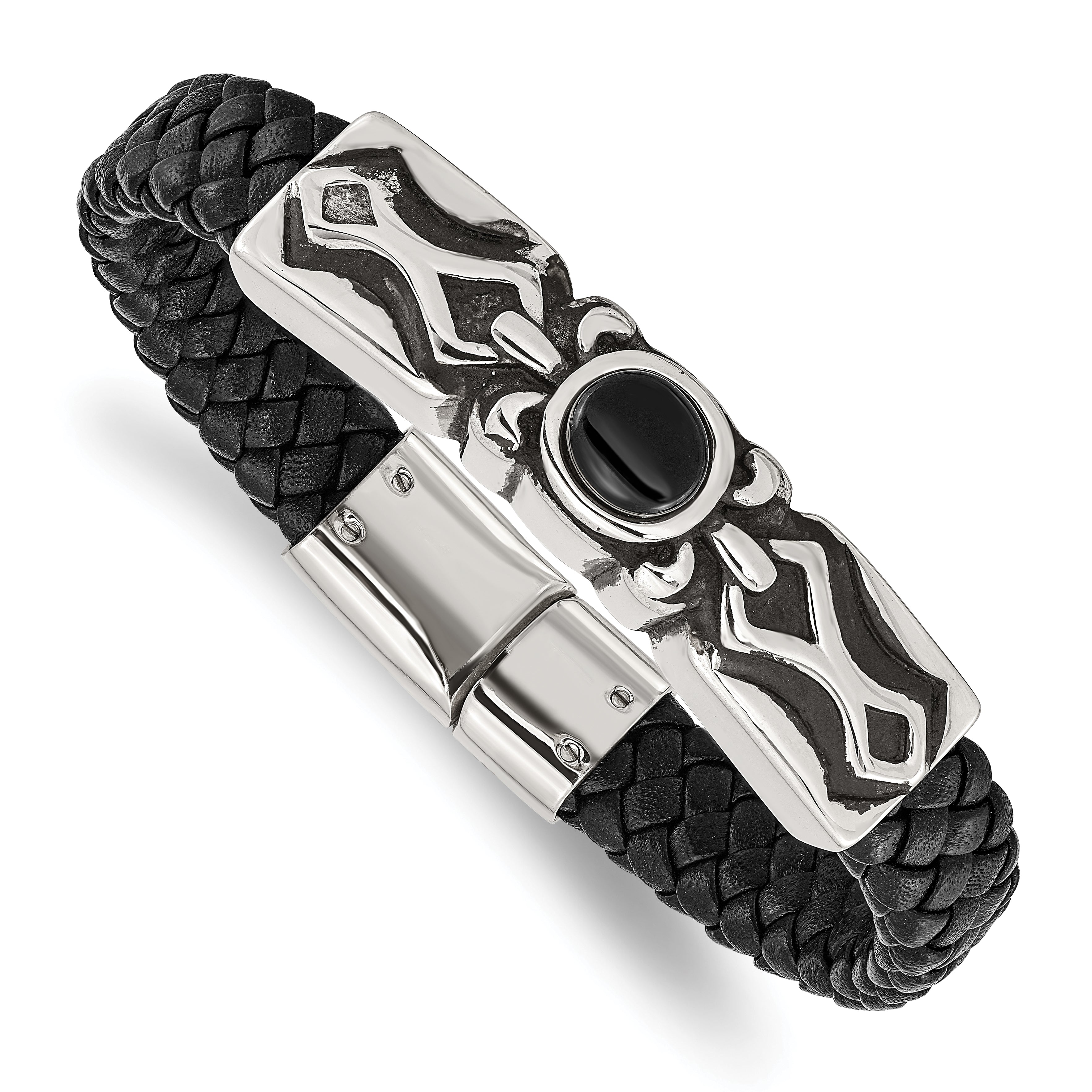 Chisel Stainless Steel Antiqued and Polished with Black Onyx Braided Black Leather 8.25 inch Bracelet Main image