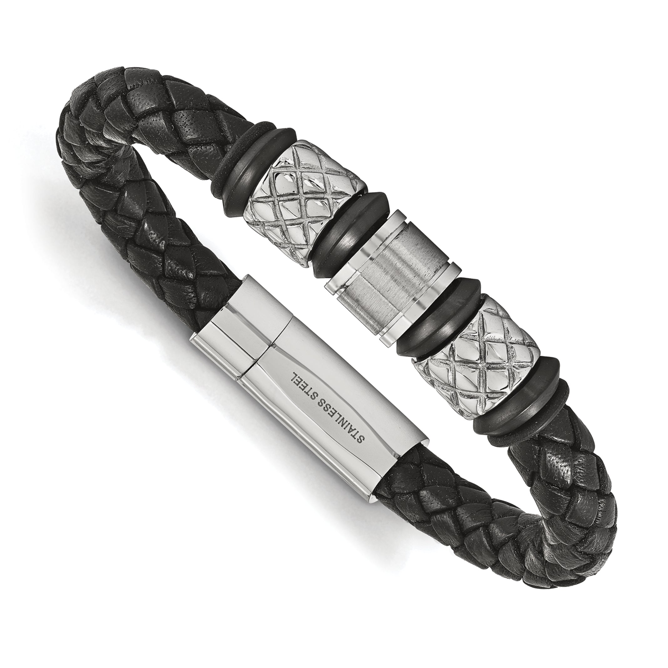 Stainless Steel Brushed and Polished Braided Leather Bracelet