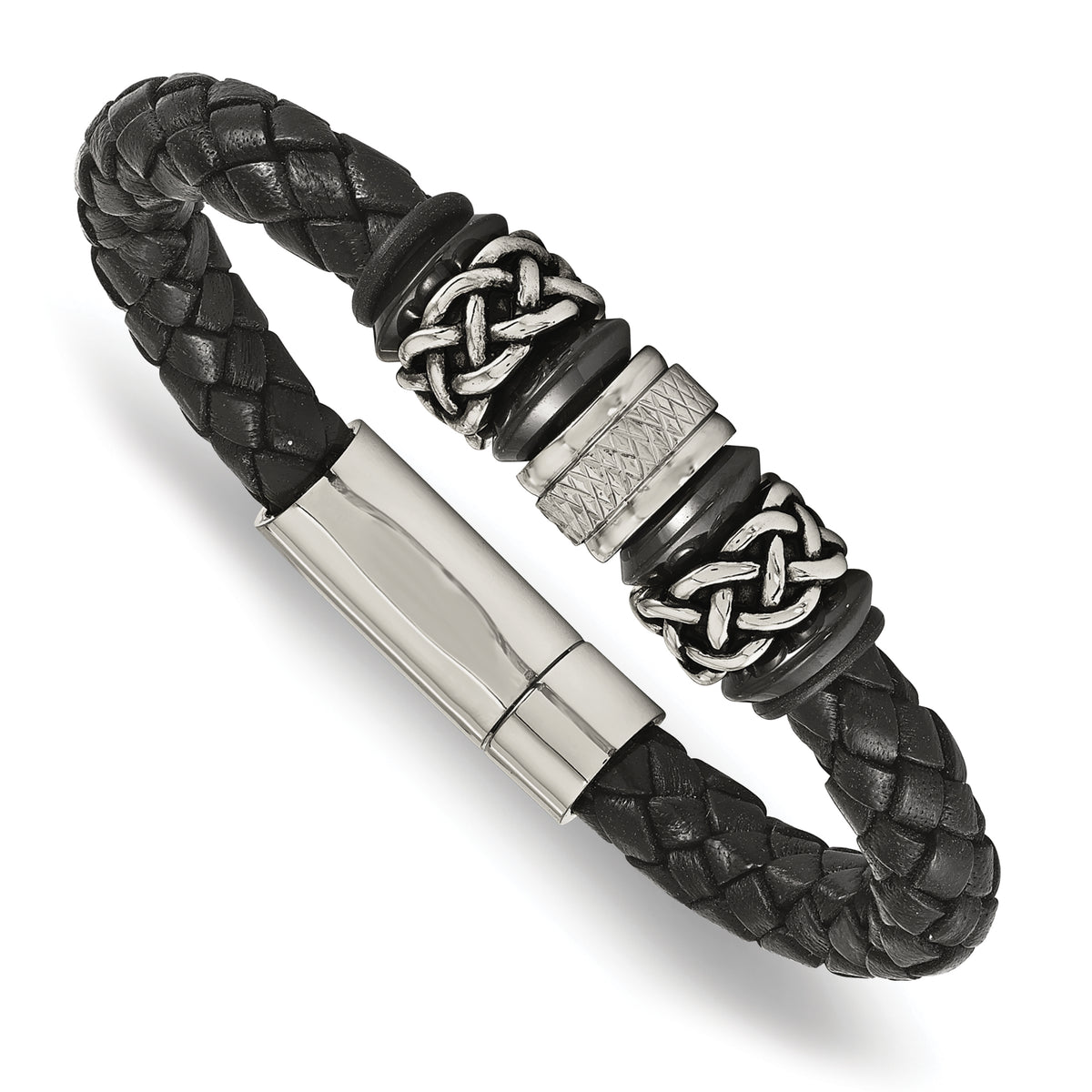 Stainless Steel Antiqued and Polished Braided Leather Bracelet
