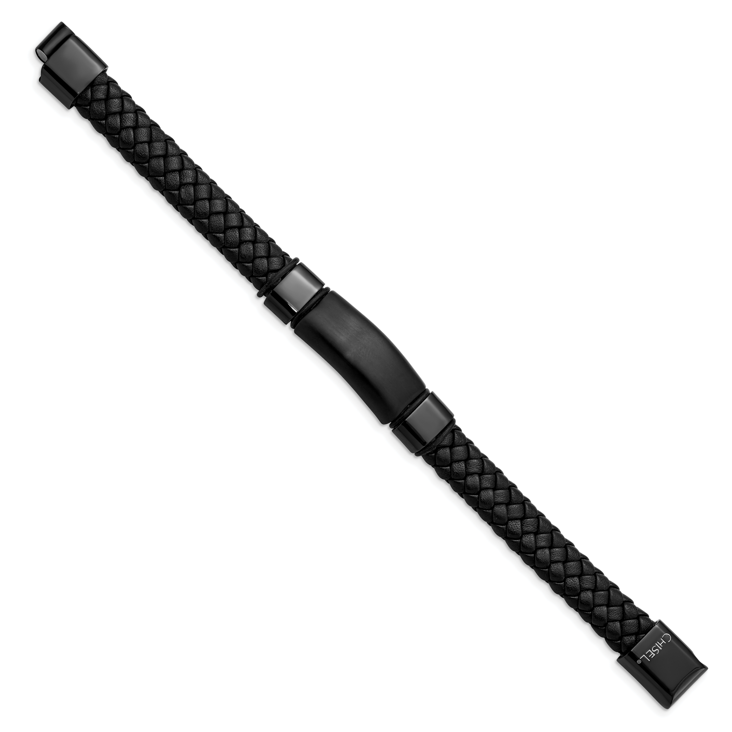 Braided Black Leather Bracelet in Stainless Steel