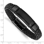 Braided Black Leather Bracelet in Stainless Steel