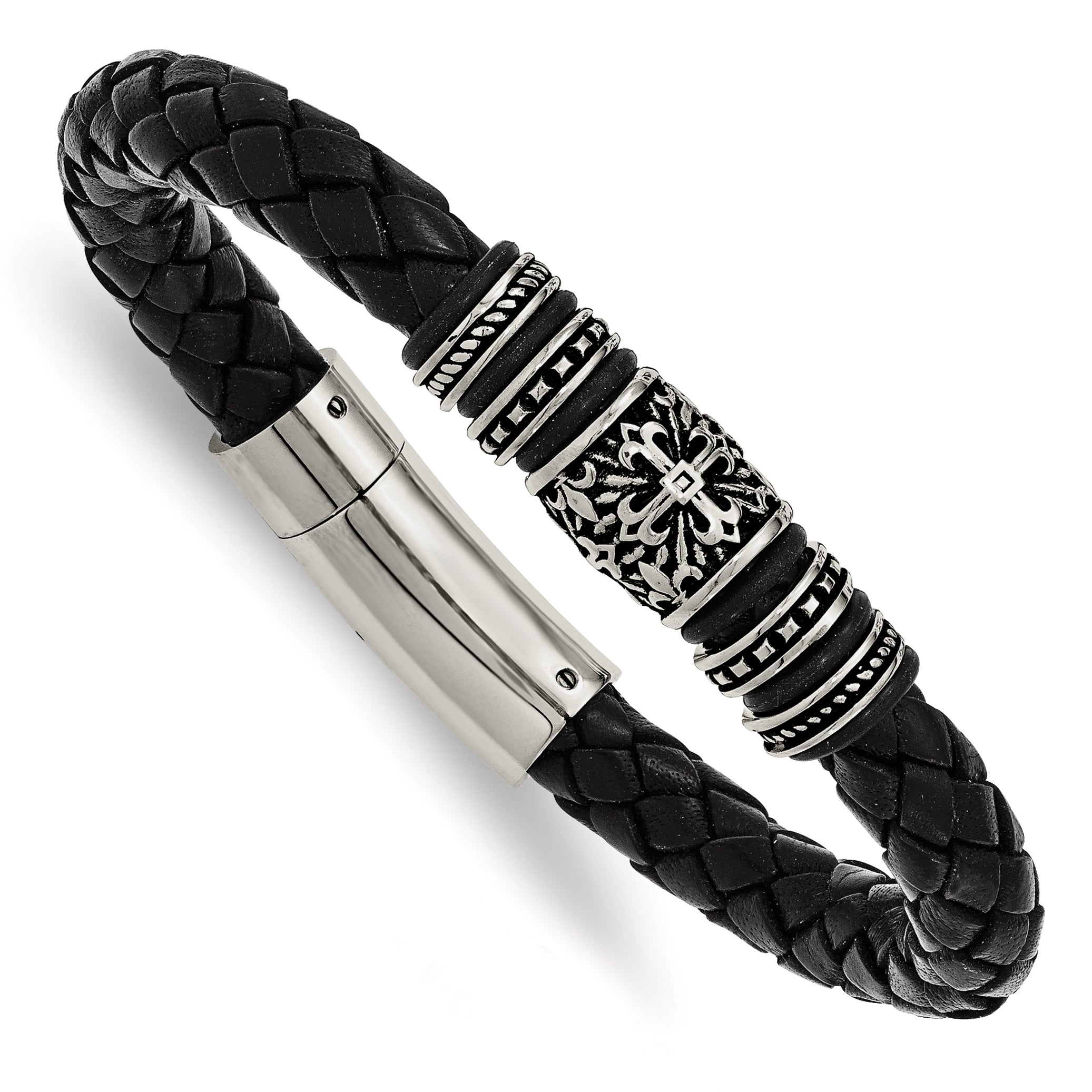 Stainless Steel Antiqued & Polished With Rubber Blk Leather Bracelet