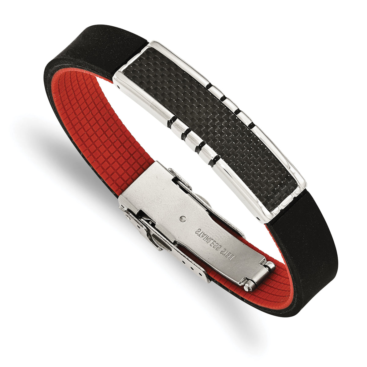 Stainless Steel Polished Carbon Fiber Inlay Black/Red Rubber ID Bracelet