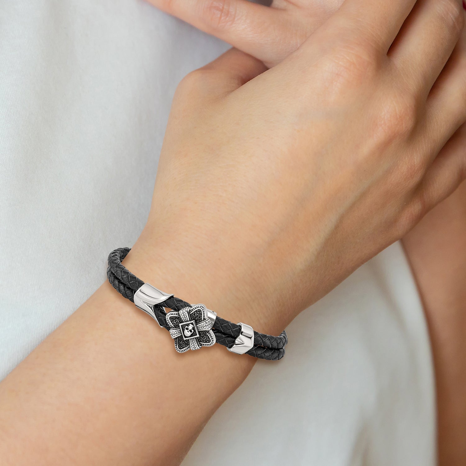 Skull Bracelet in Stainless Steel & Leather with CZ
