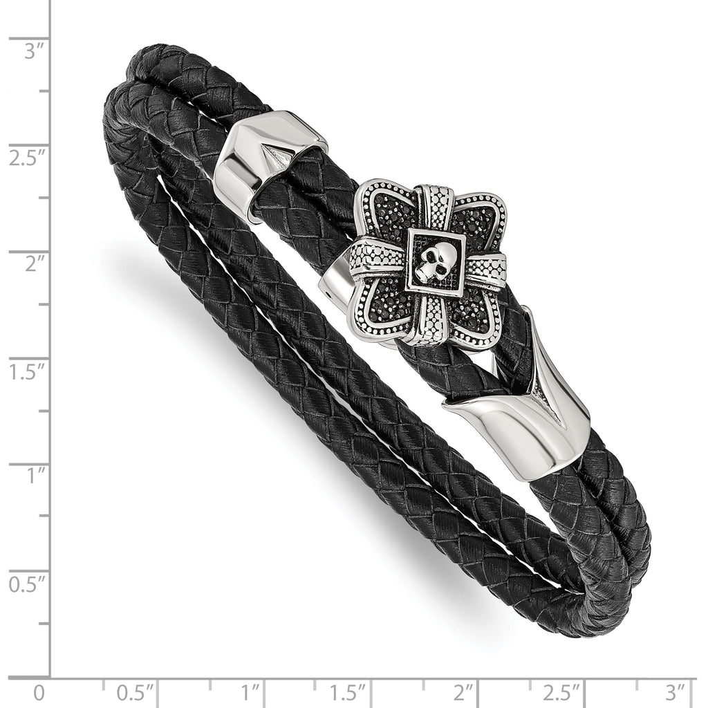 Skull Bracelet in Stainless Steel & Leather with CZ