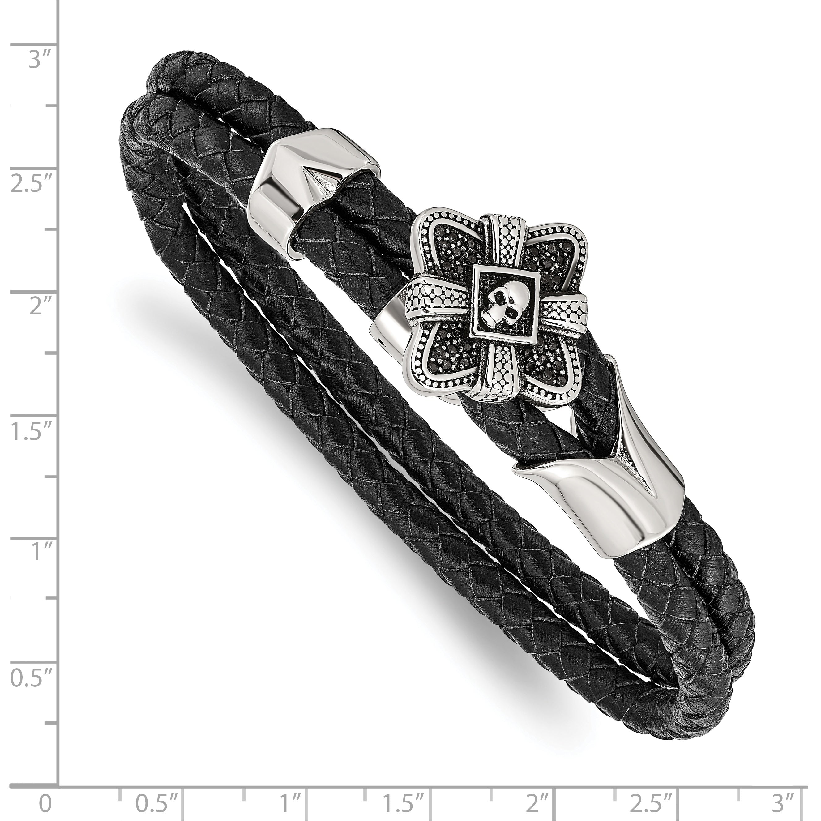 Skull Bracelet in Stainless Steel & Leather with CZ