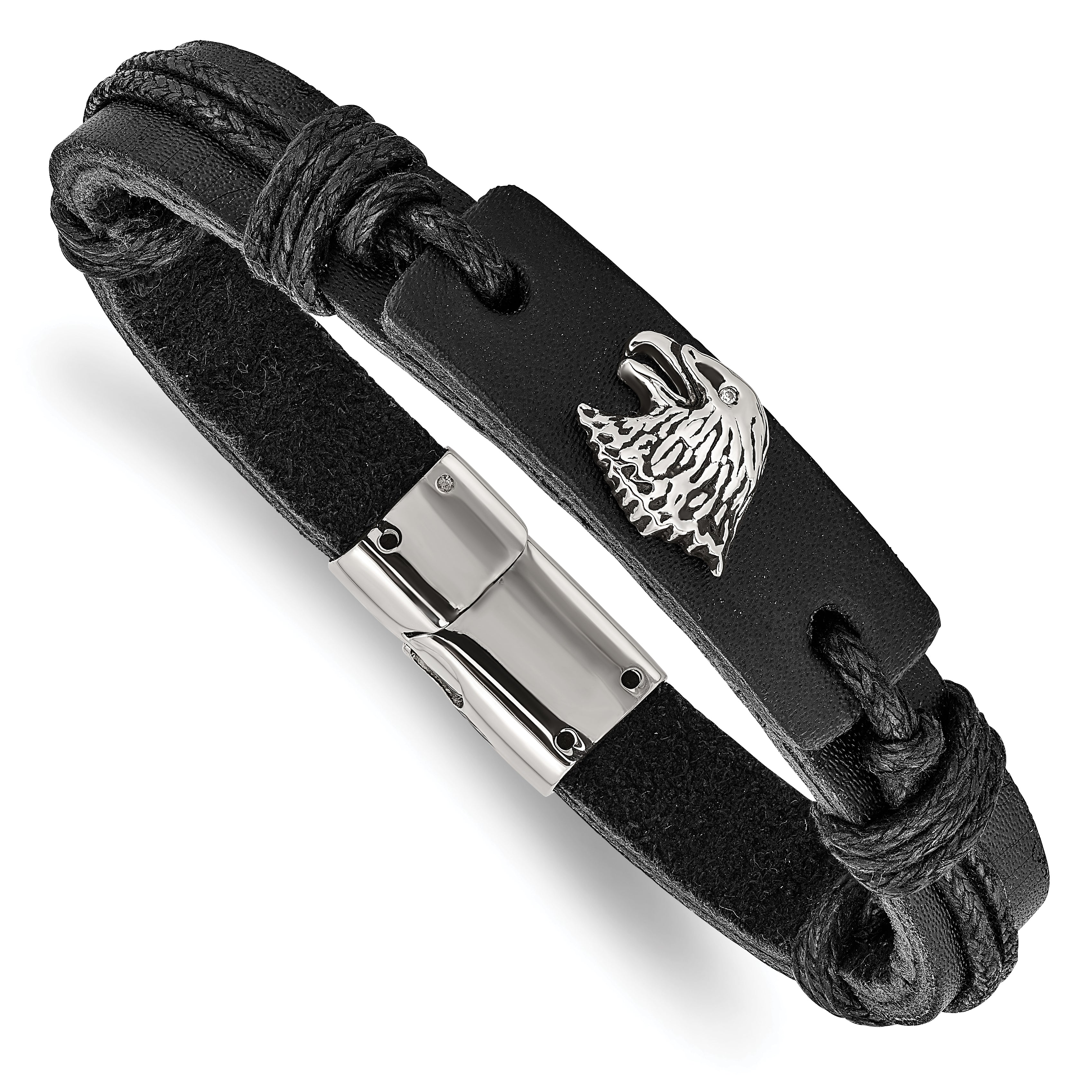 Chisel Stainless Steel Antiqued and Polished Eagle Head Black Leather 8.5 inch Bracelet Main image