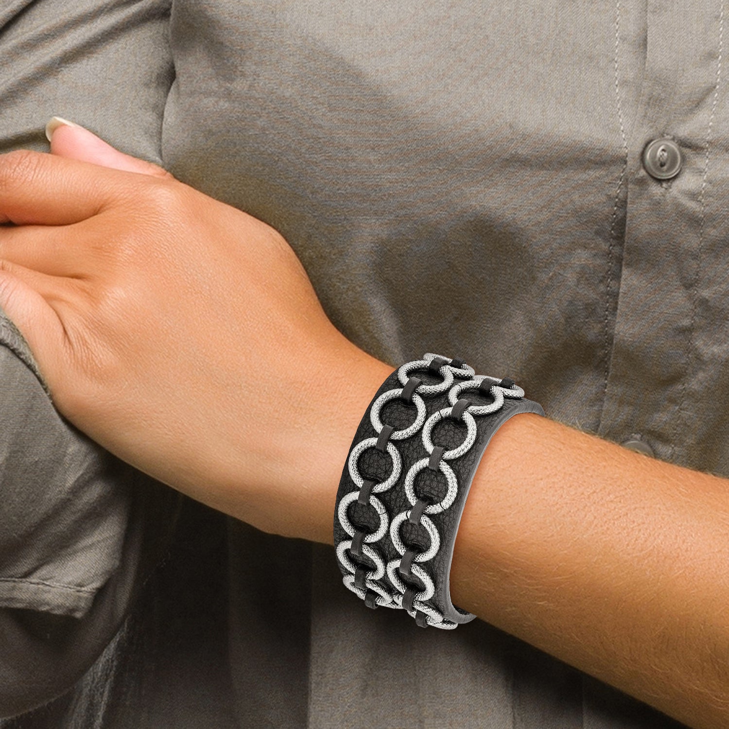 Stainless Steel Polished Textured Black Leather 7.75in Bracelet