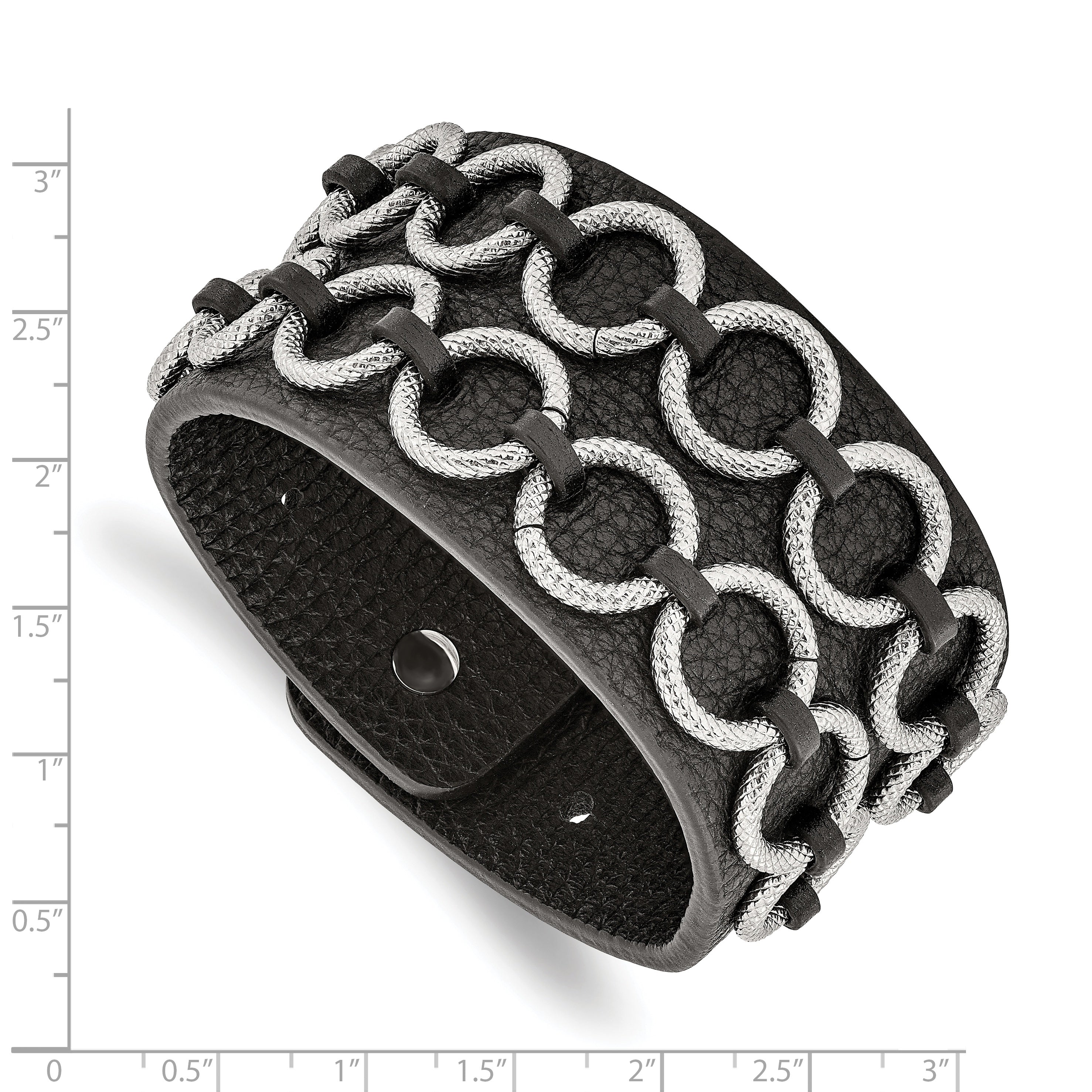 Stainless Steel Polished Textured Black Leather 7.75in Bracelet