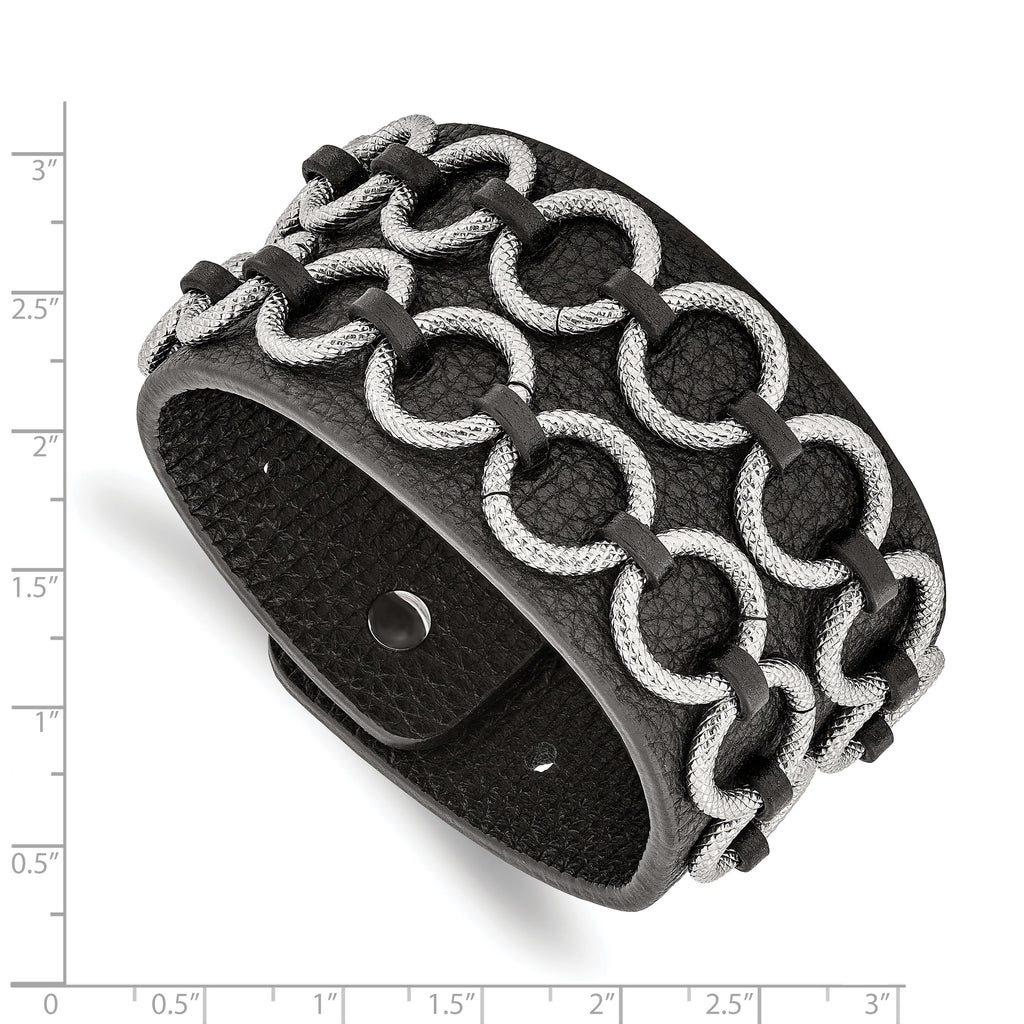 Textured Leather Bracelet in Stainless Steel & Black