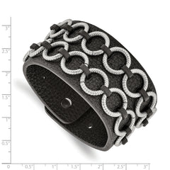 Stainless Steel Polished Textured Black Leather 7.75in Bracelet