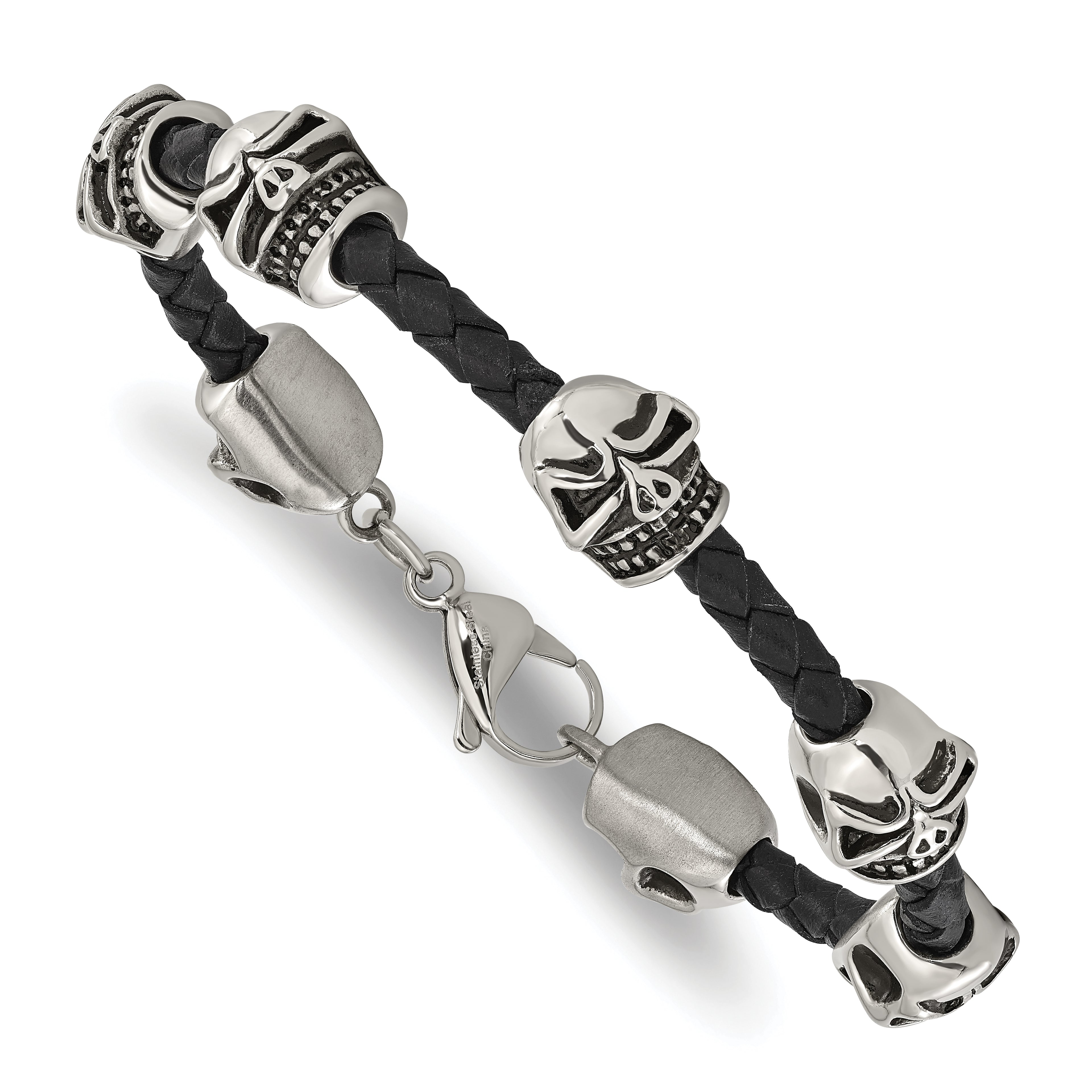 Skull Beads Braided Leather Bracelet in Stainless Steel