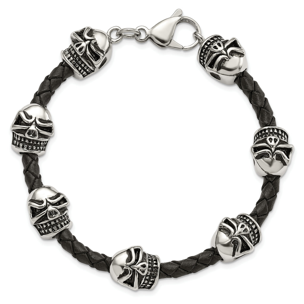 Skull Beads Braided Leather Bracelet in Stainless Steel