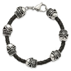 Skull Beads Braided Leather Bracelet in Stainless Steel