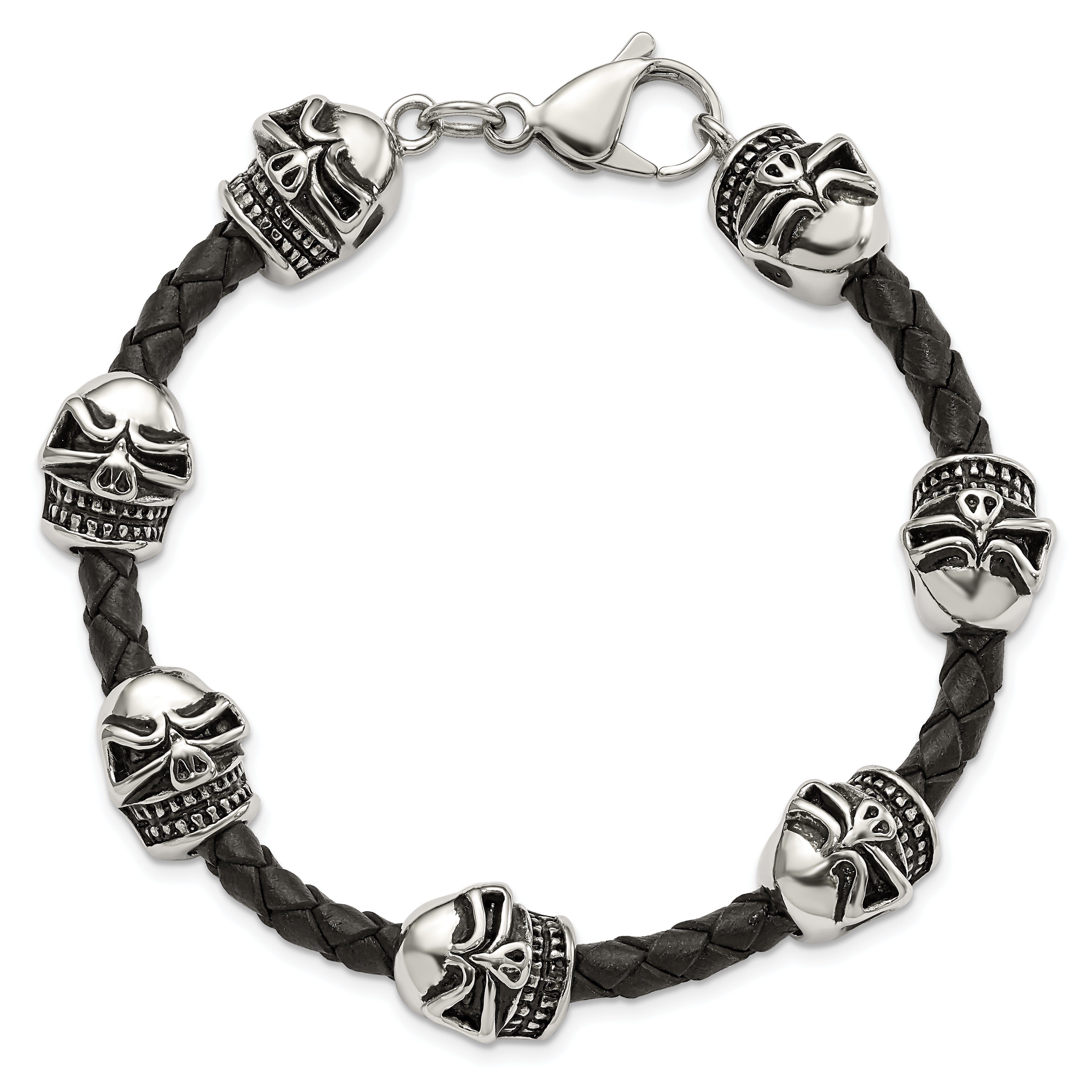 Skull Beads Braided Leather Bracelet in Stainless Steel