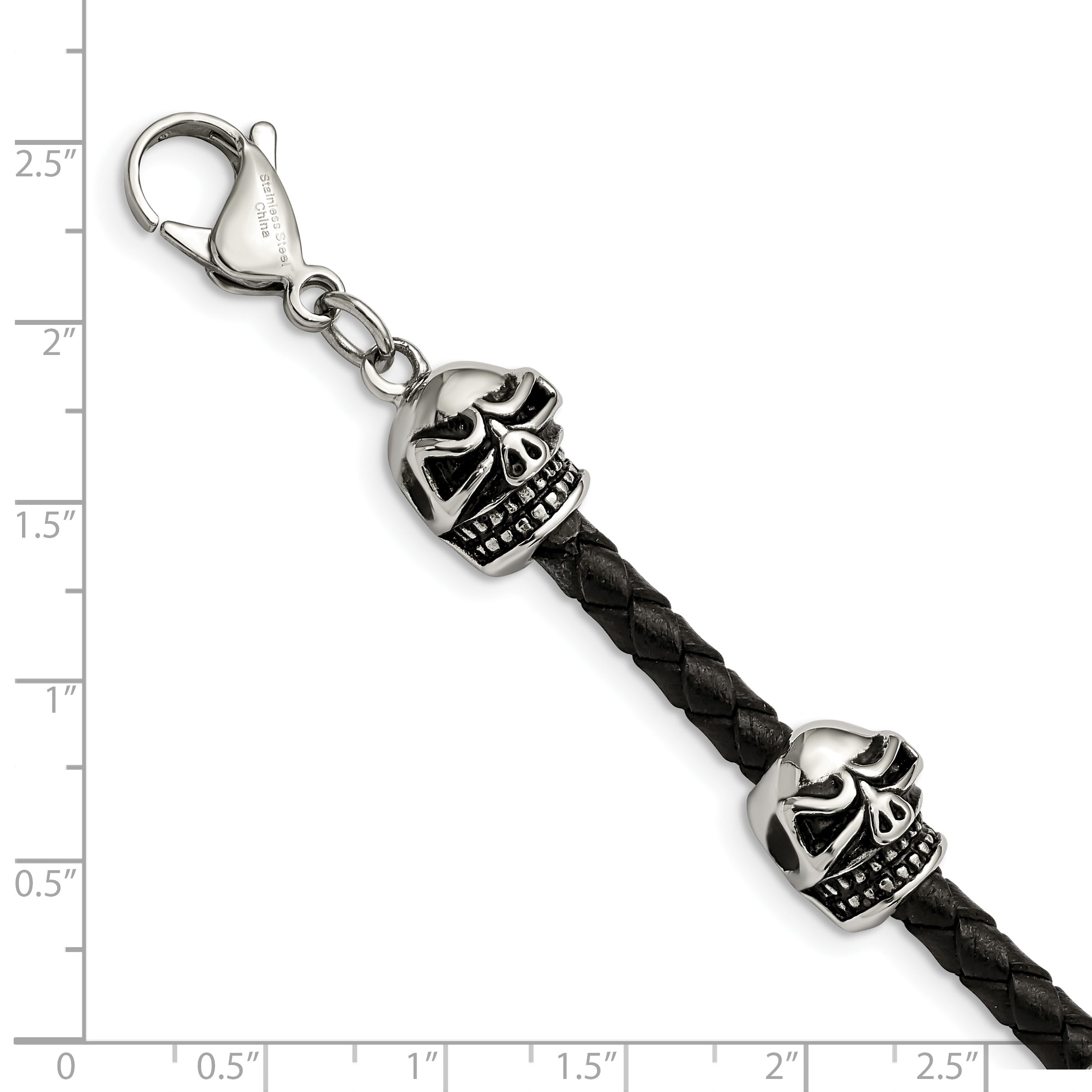 Skull Beads Braided Leather Bracelet in Stainless Steel