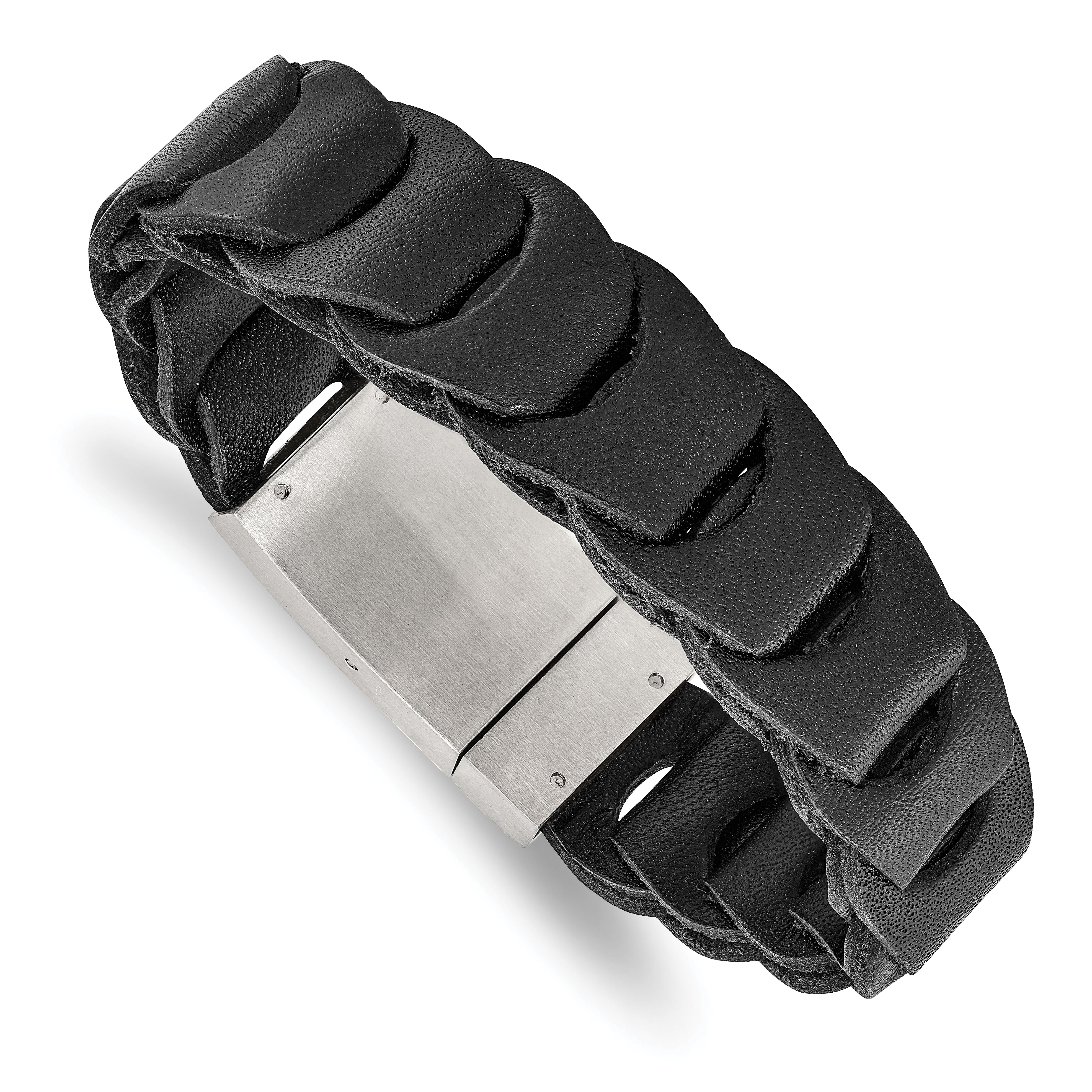 Stainless Steel Brushed Black Leather 8.25in Bracelet Main image