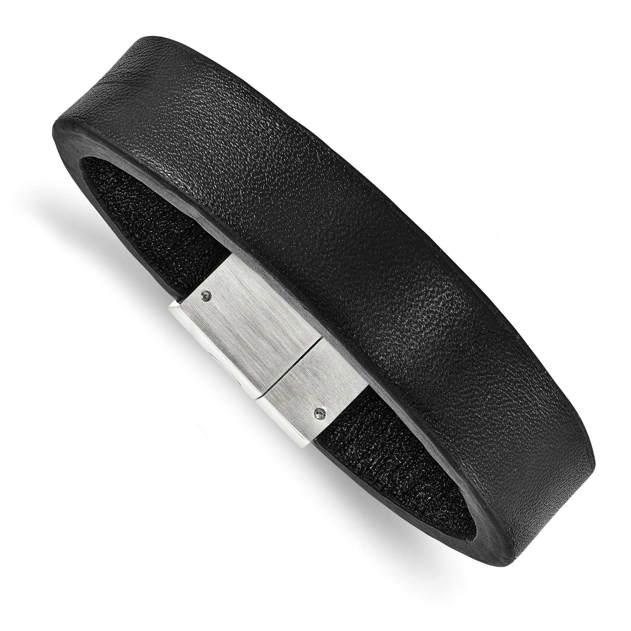 Stainless Steel Polished Black Leather Bracelet