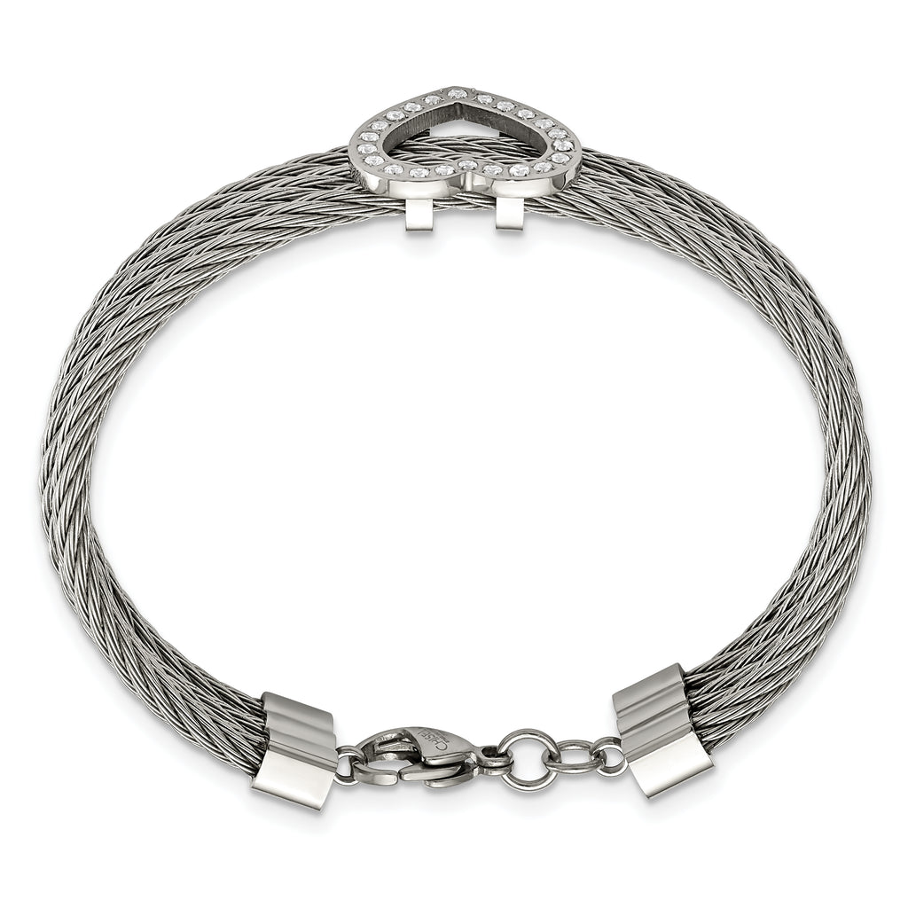 CZ Heart Wire Bracelet in Stainless Steel
