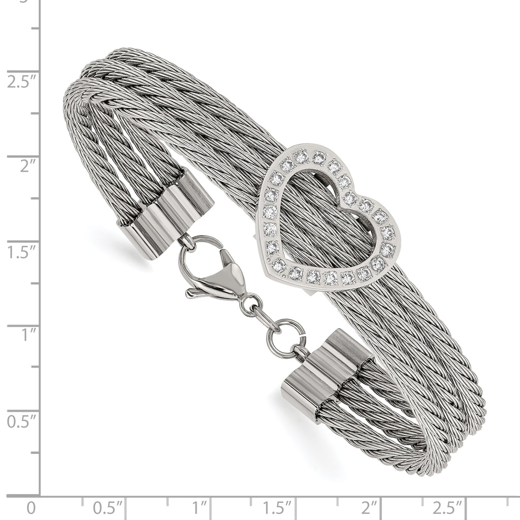 CZ Heart Wire Bracelet in Stainless Steel