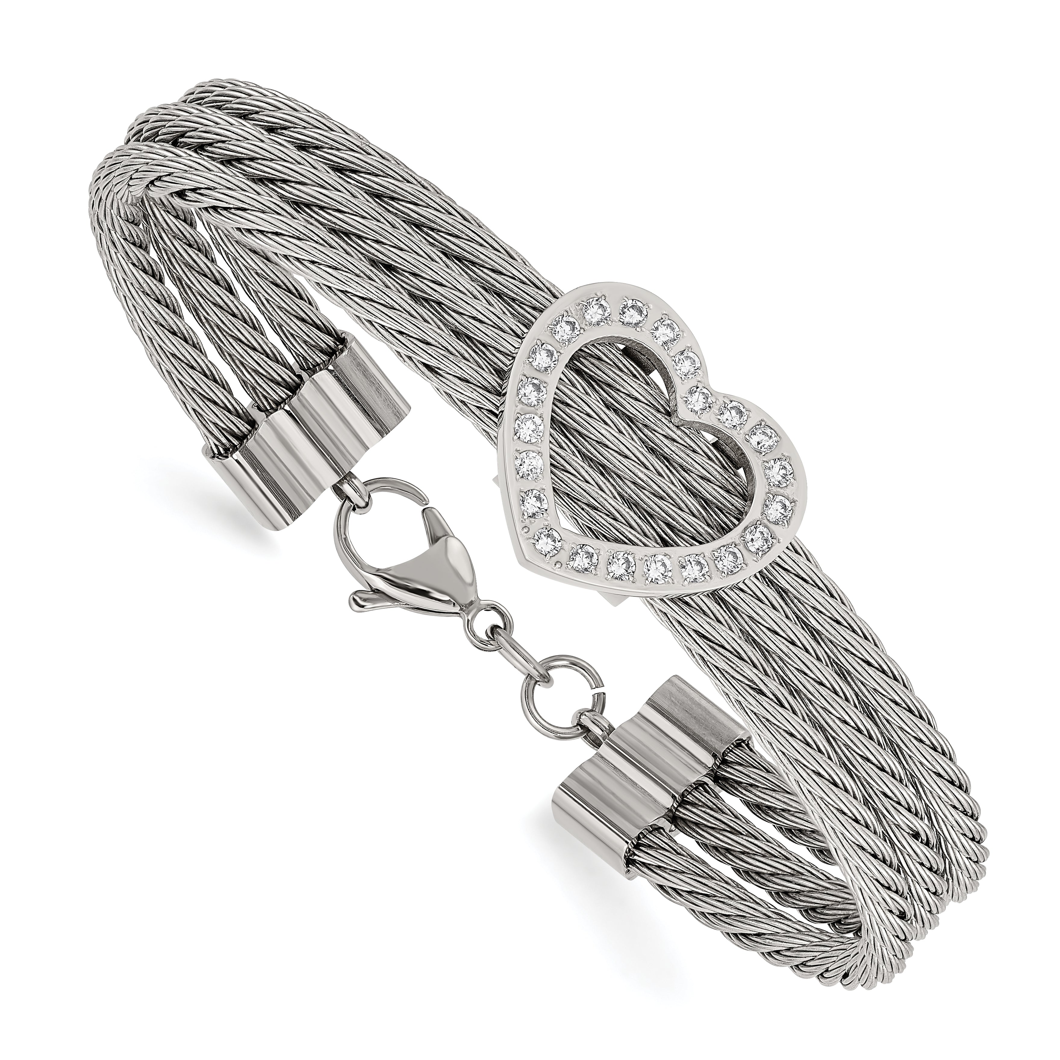 Chisel Stainless Steel Polished wire with CZ Heart 7.5 inch Bracelet Main image