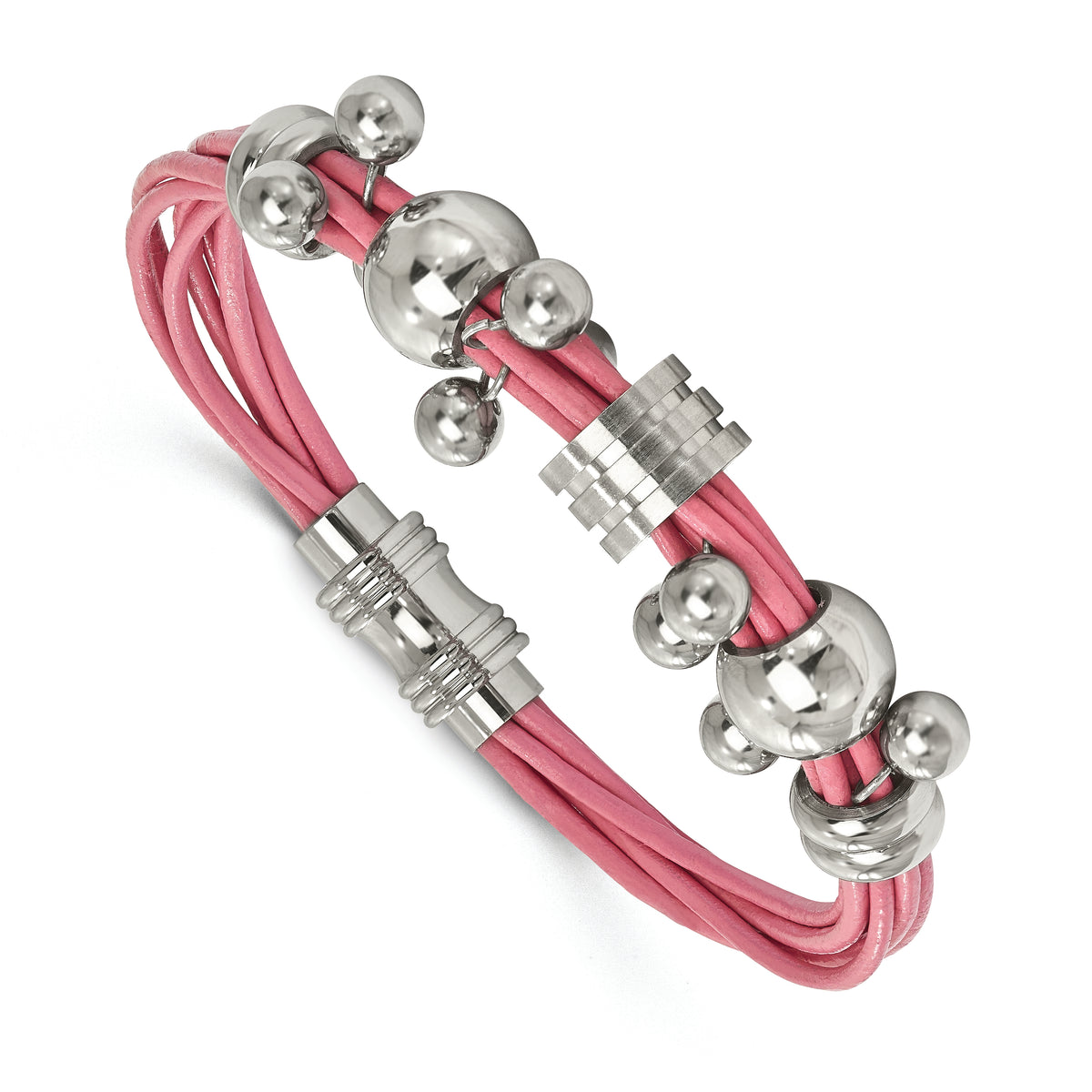Stainless Steel Polished Dangle Bead Pink Leather Bracelet