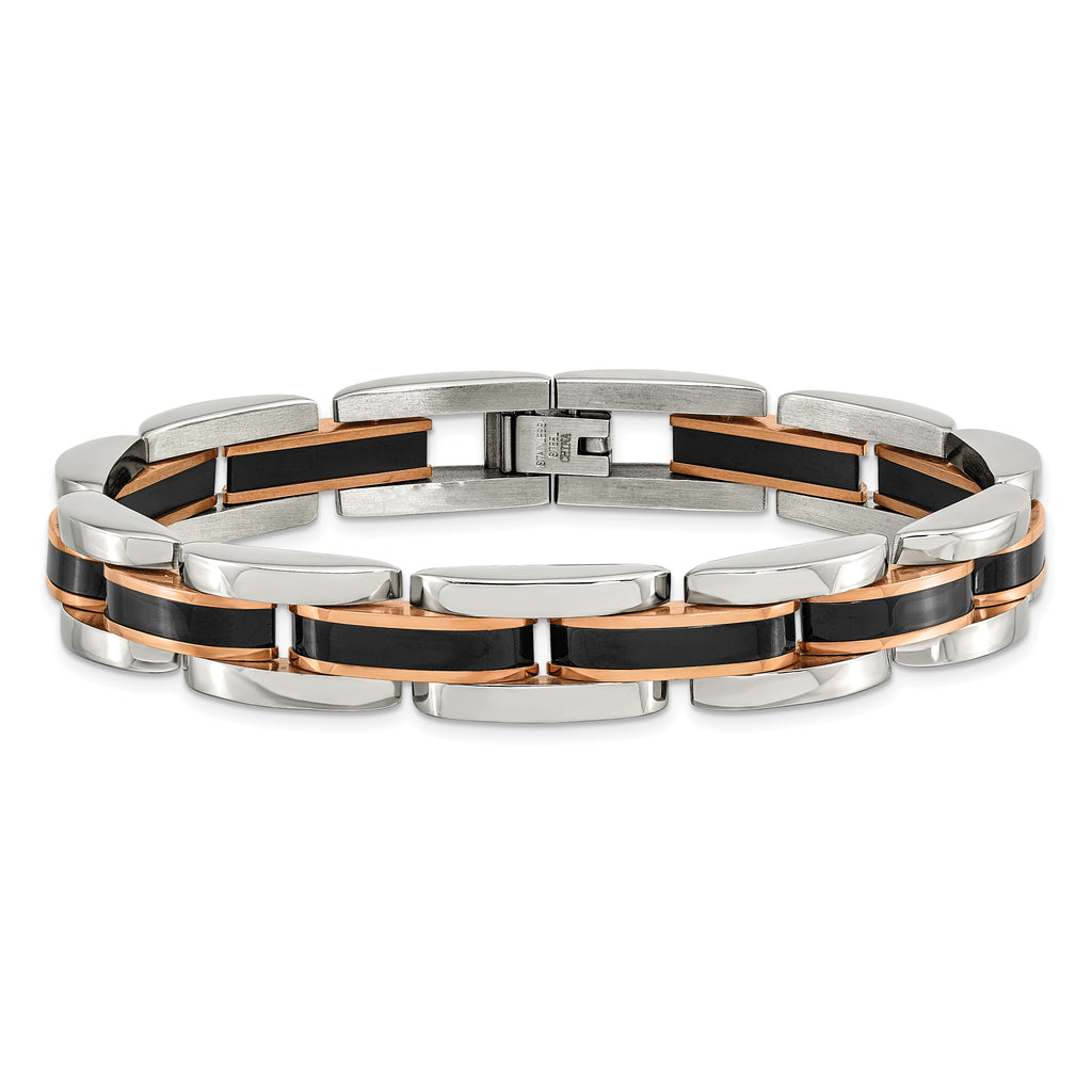 Chisel Stainless Steel Polished Black and Rose IP-plated 8.5 inch Link Bracelet