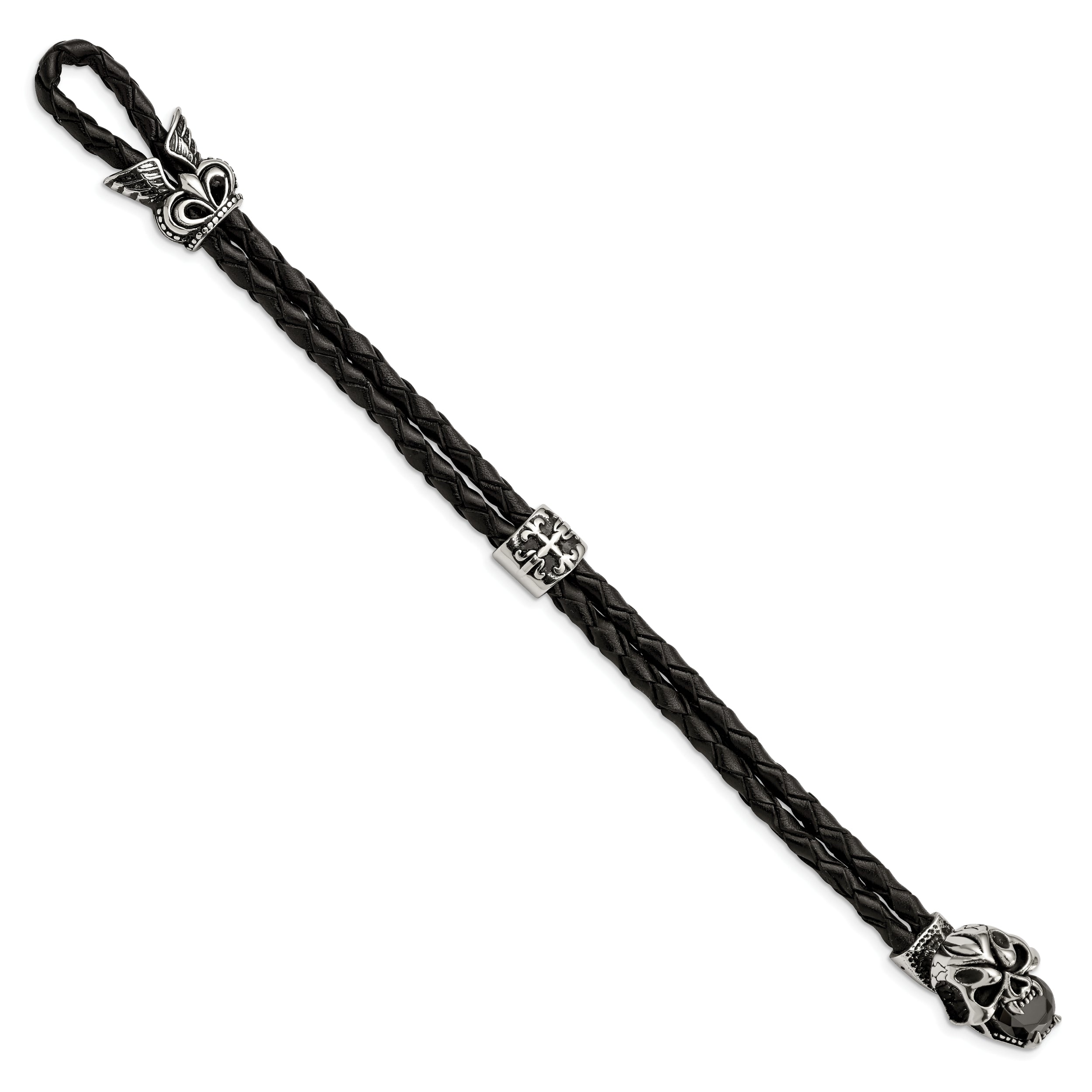 Chisel Stainless Steel Polished and Enameled Skull with Black Glass 2 Strand Braided Black Leather 8.5 inch Bracelet