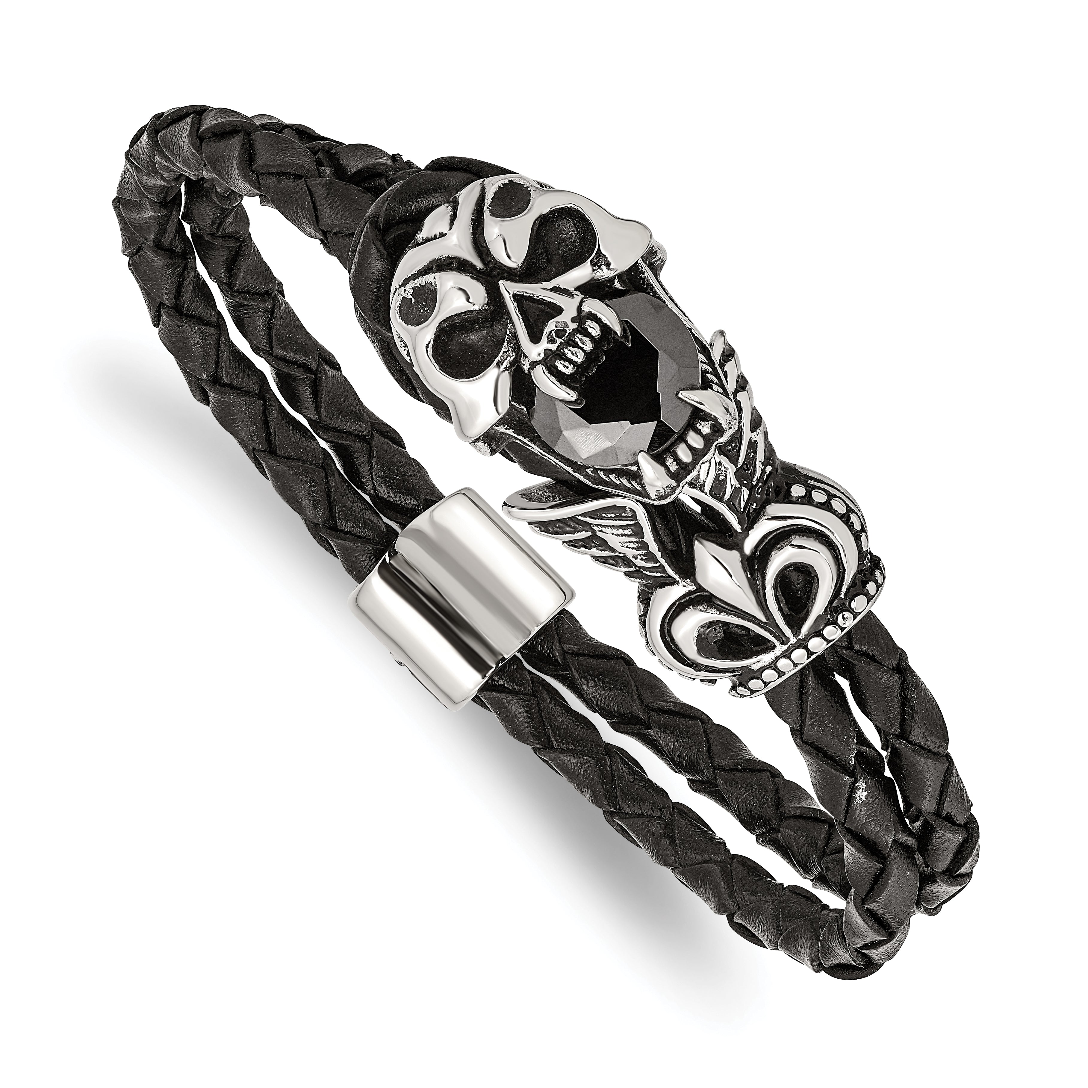 Chisel Stainless Steel Polished and Enameled Skull with Black Glass 2 Strand Braided Black Leather 8.5 inch Bracelet