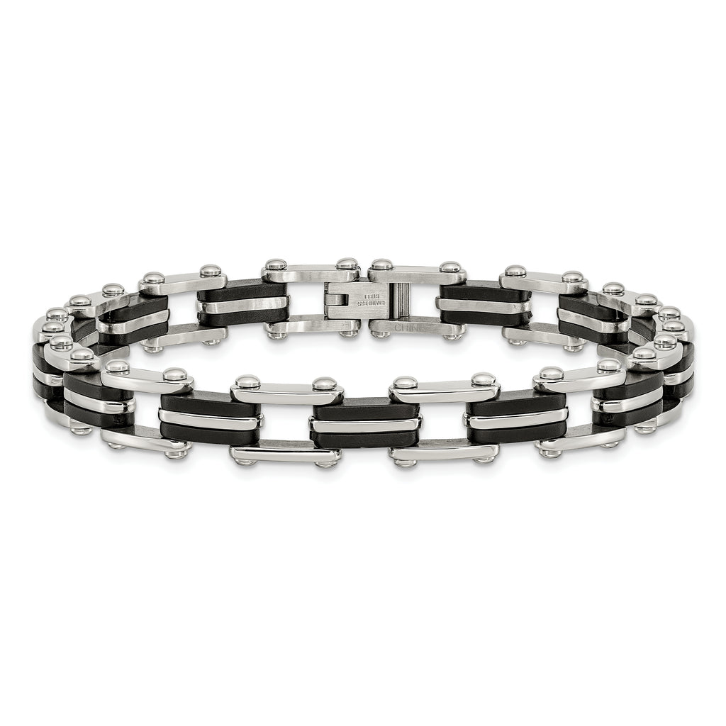 Polished Link Bracelet in Stainless Steel & Black Rubber