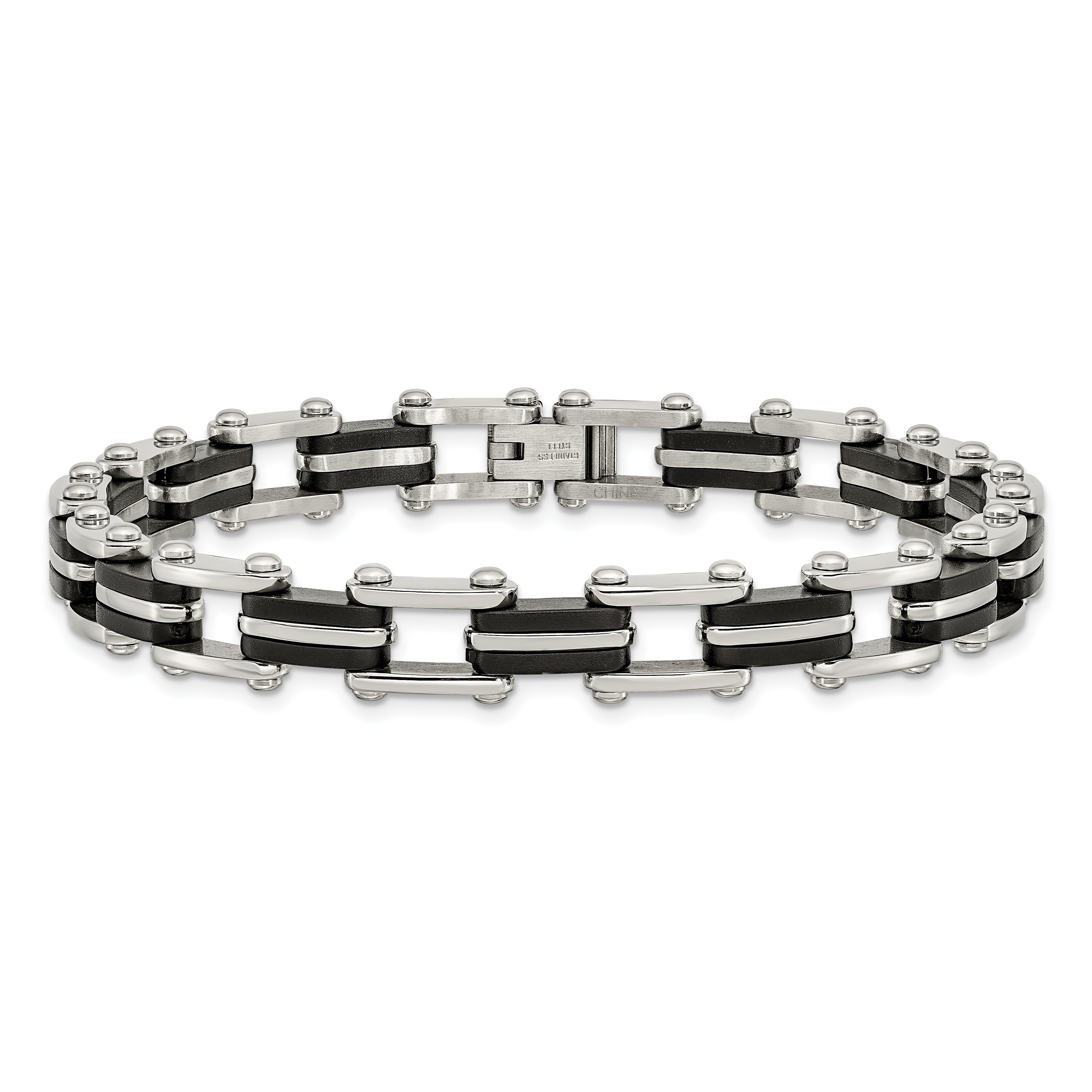 Polished Link Bracelet in Stainless Steel & Black Rubber