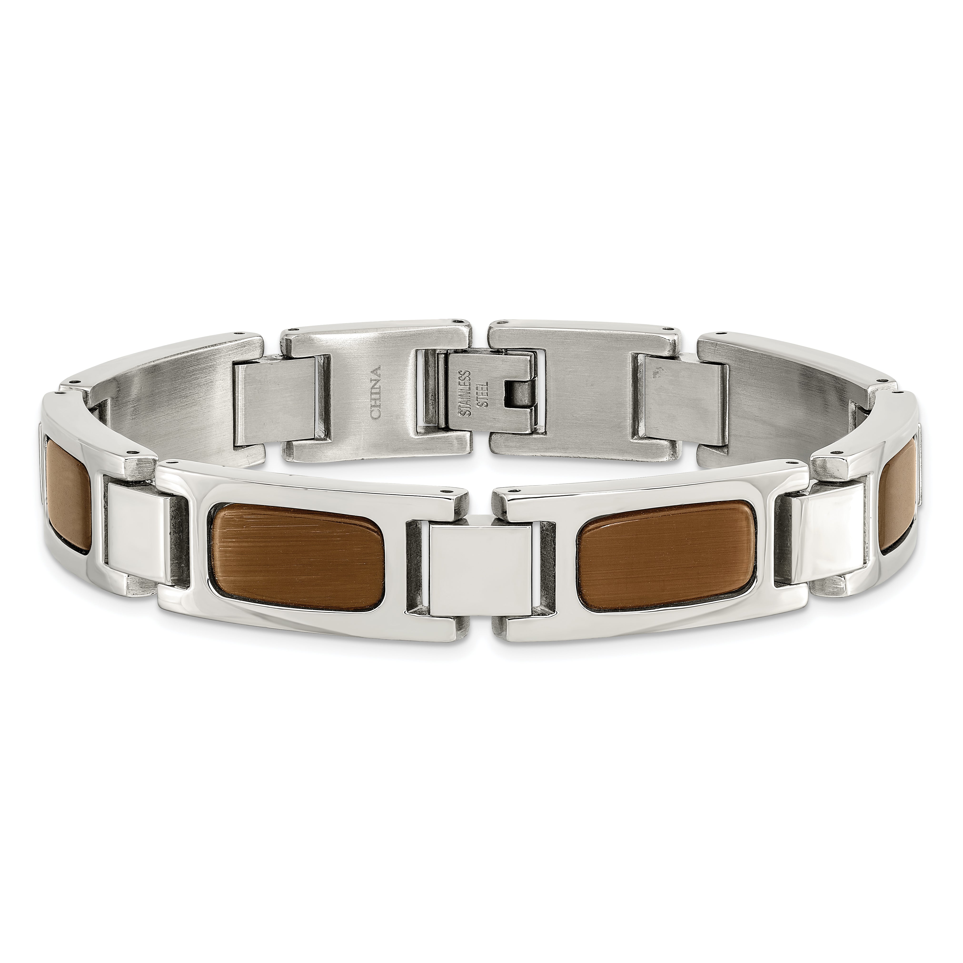 Chisel Stainless Steel Polished with Tiger's Eye Inlay 8.5 inch Link Bracelet