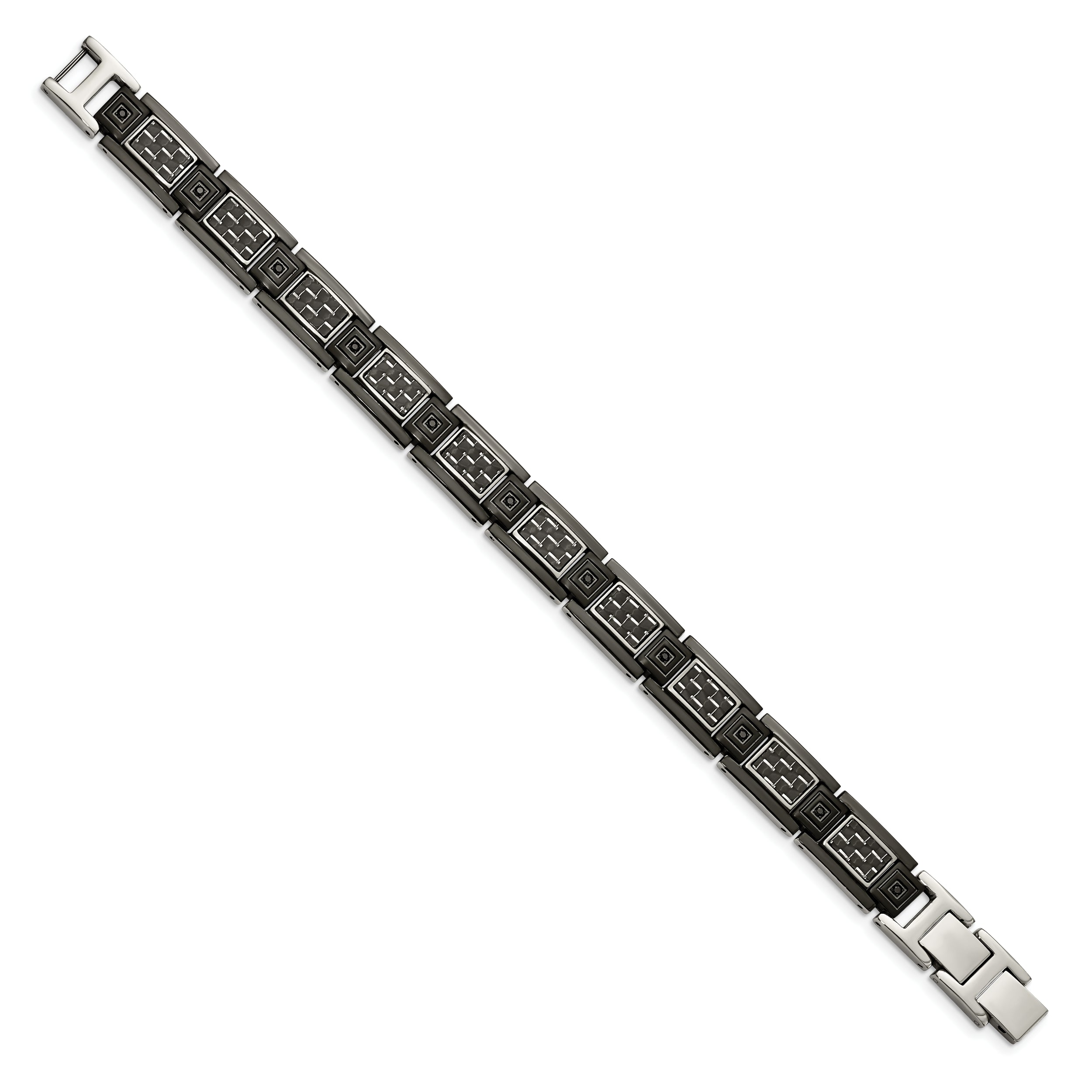 Chisel Stainless Steel Polished Black IP-plated with Black Carbon Fiber Inlay and Black CZ 8.75 inch Link Bracelet