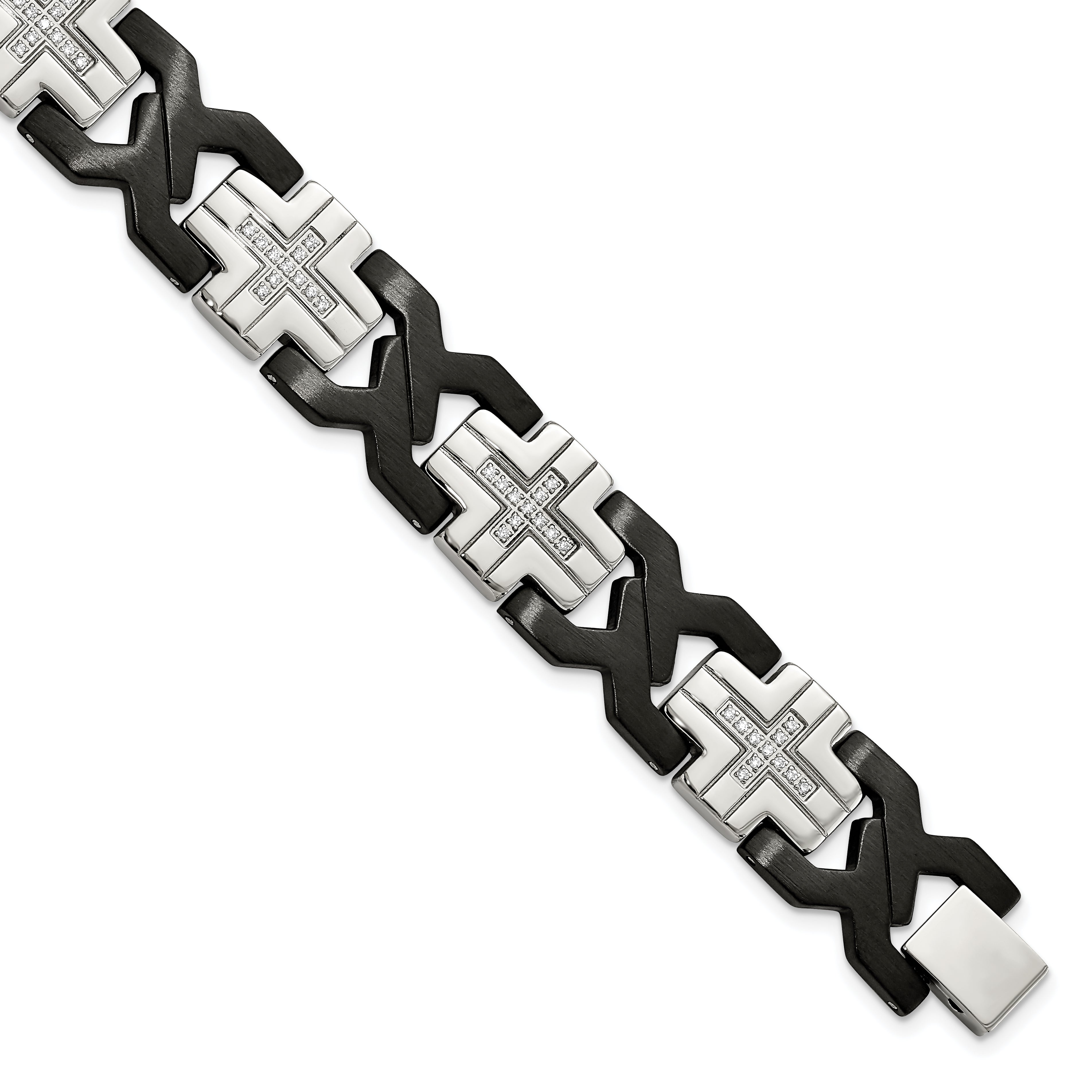 Chisel Stainless Steel Brushed and Polished Black IP-plated with CZ 8.25 inch Cross Link Bracelet Main image