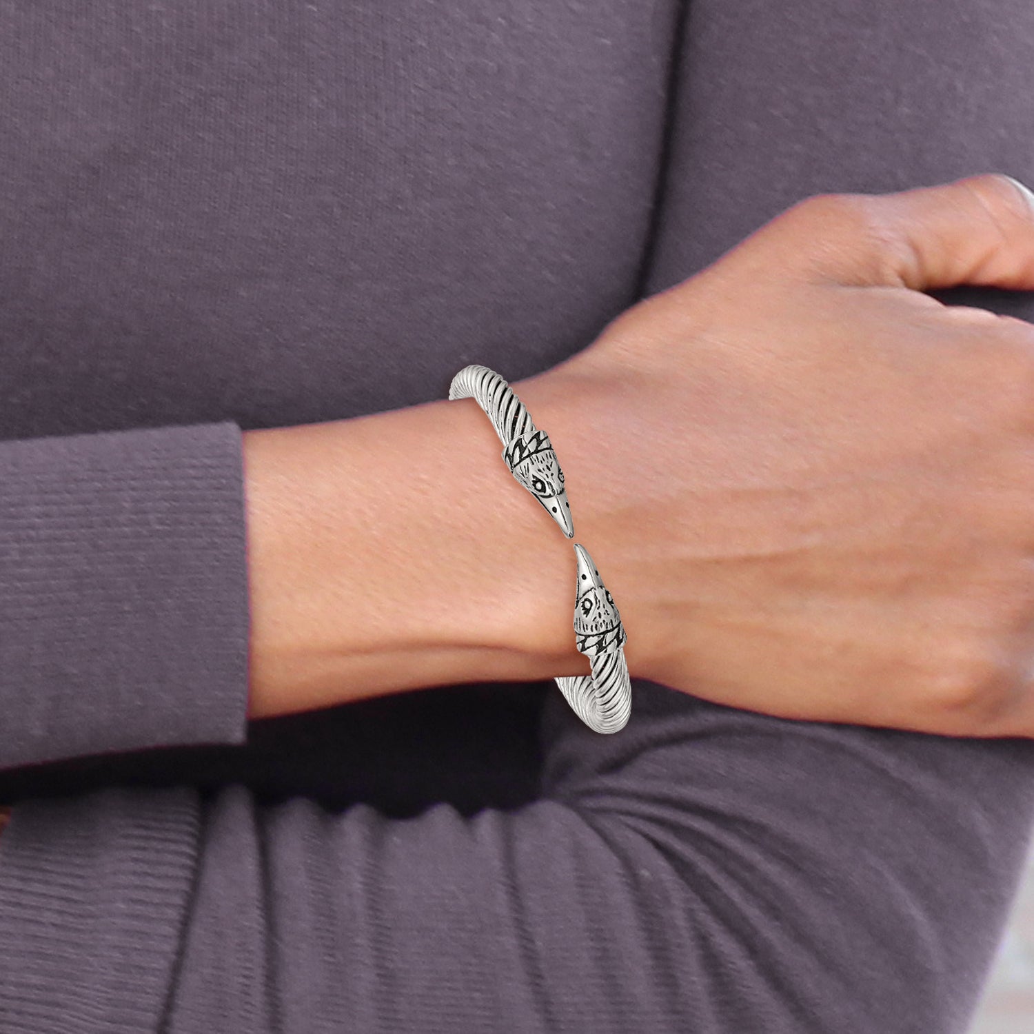 Stainless Steel Antiqued and Polished Eagle Cuff Bangle