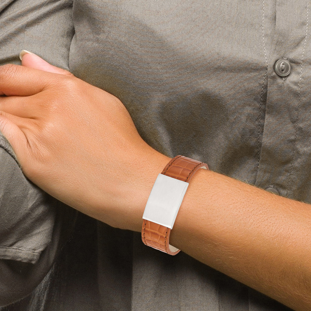 Leather ID Bracelet in Stainless Steel, Brushed Finish